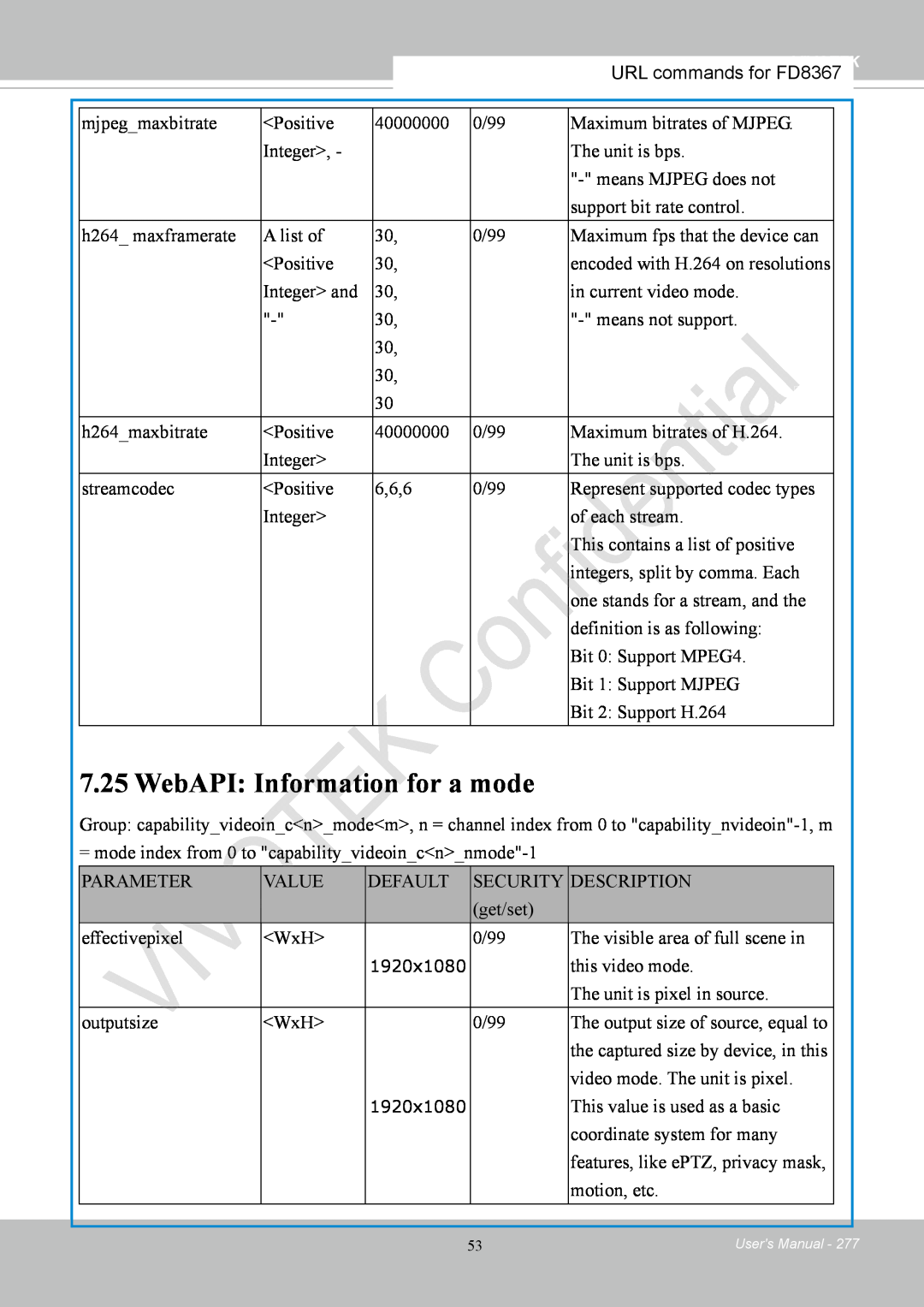 Vivotek FD8167-(T) user manual WebAPI: Information for a mode, mjpeg maxbitrate 