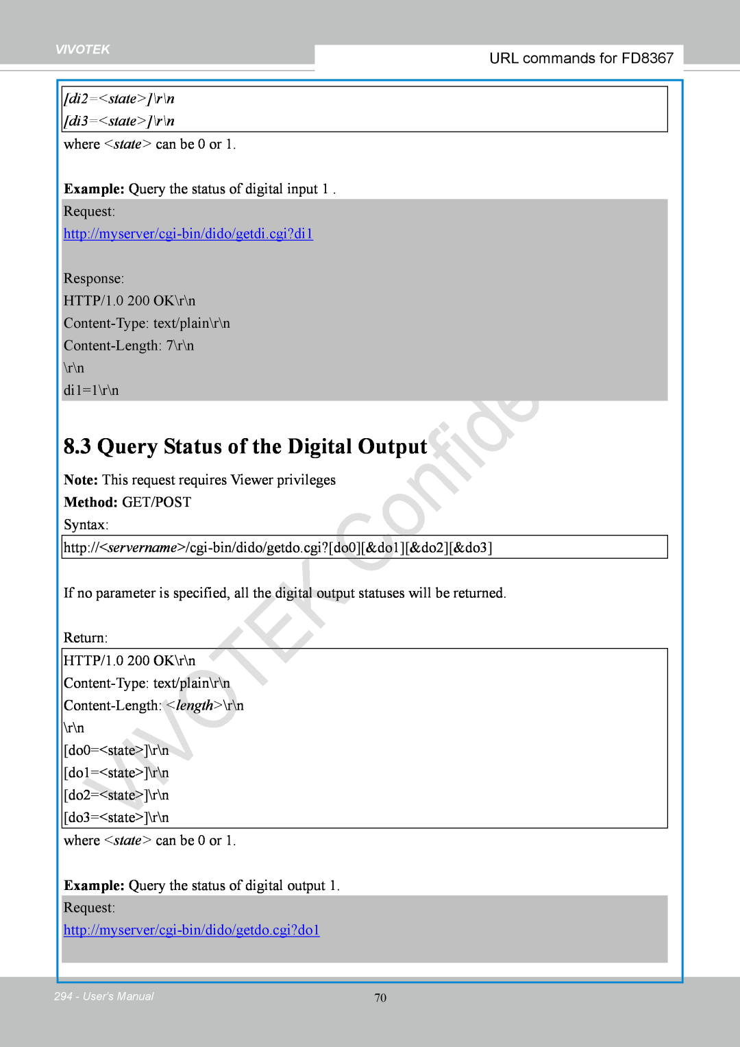 Vivotek FD8167-(T) user manual Query Status of the Digital Output, URL commands for FD8367, Users Manual 