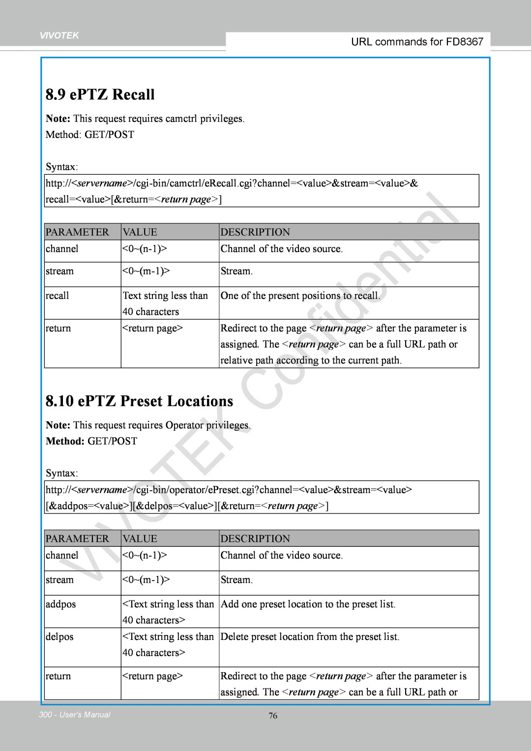 Vivotek FD8167-(T) user manual ePTZ Recall, ePTZ Preset Locations, URL commands for FD8367, Users Manual 