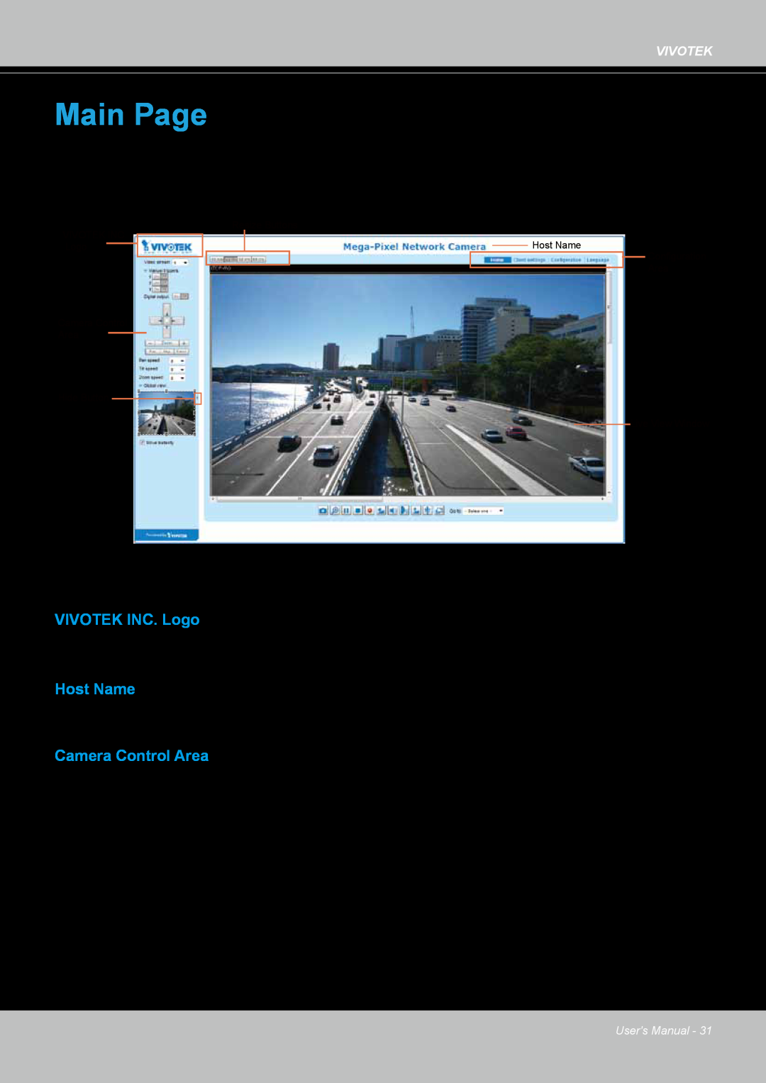 Vivotek FD8167-(T) user manual Main Page, VIVOTEK INC. Logo, Host Name, Camera Control Area 