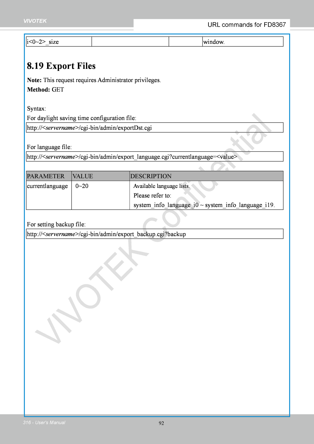 Vivotek FD8167-(T) user manual Export Files, URL commands for FD8367, Users Manual 