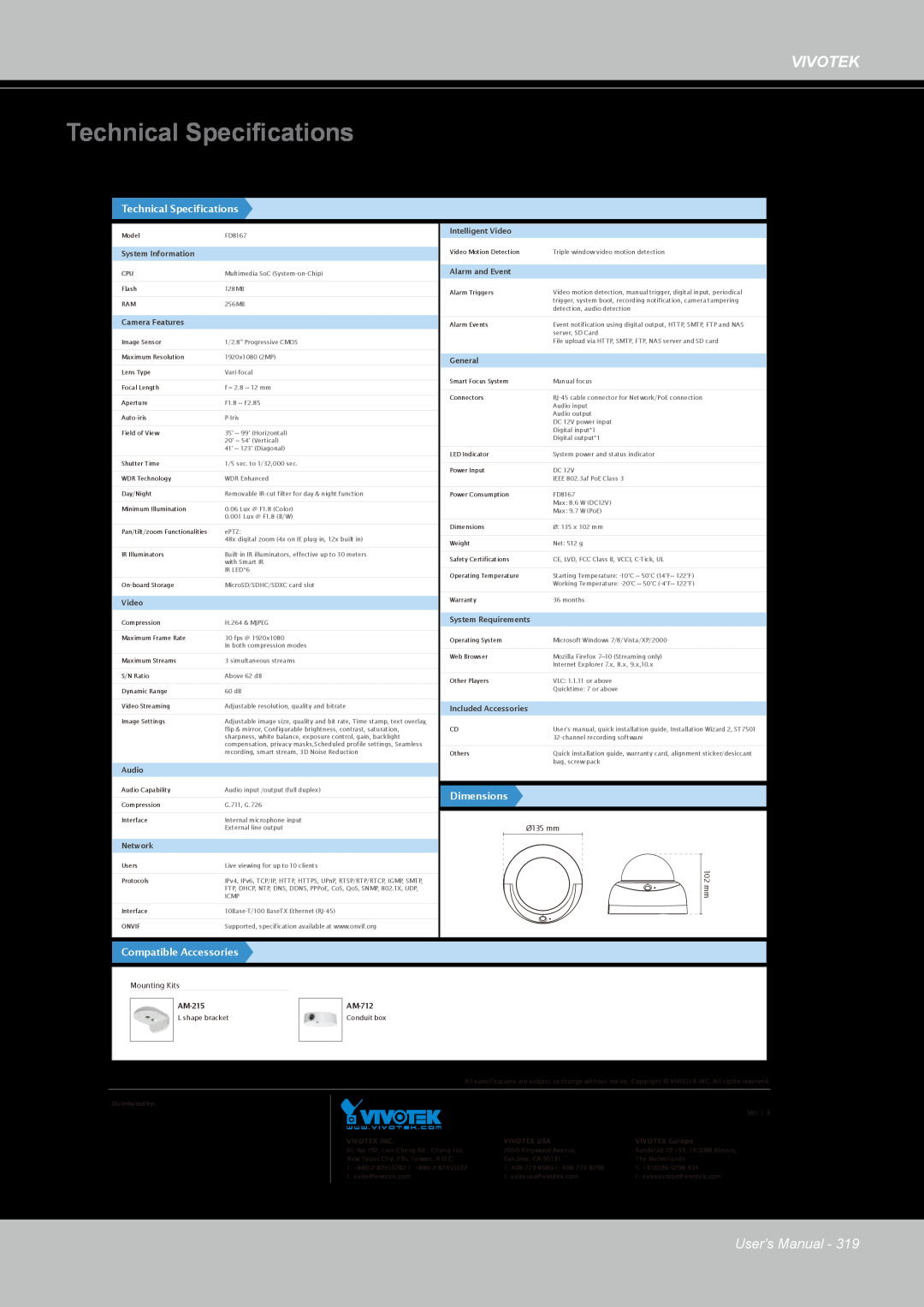 Vivotek FD8167-(T) Technical Specifications, Vivotek, Users Manual, Dimensions, Compatible Accessories, Ø135 mm 102 mm 
