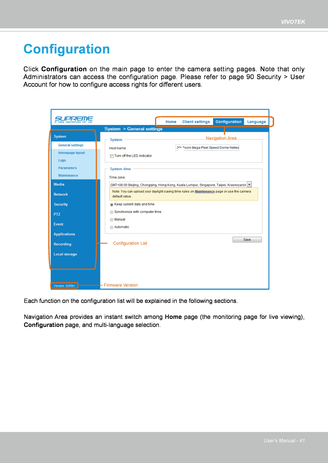 Vivotek FD8167-(T) user manual Navigation Area Configuration List, Firmware Version 