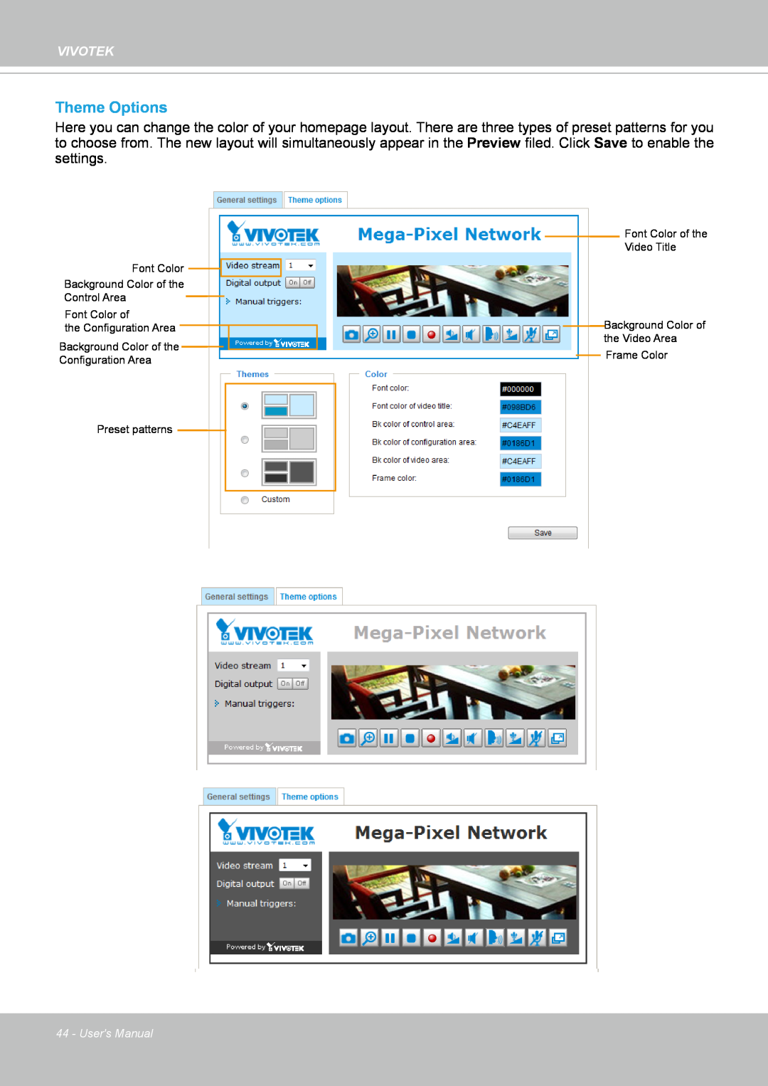 Vivotek FD8167-(T) user manual Theme Options, Users Manual 