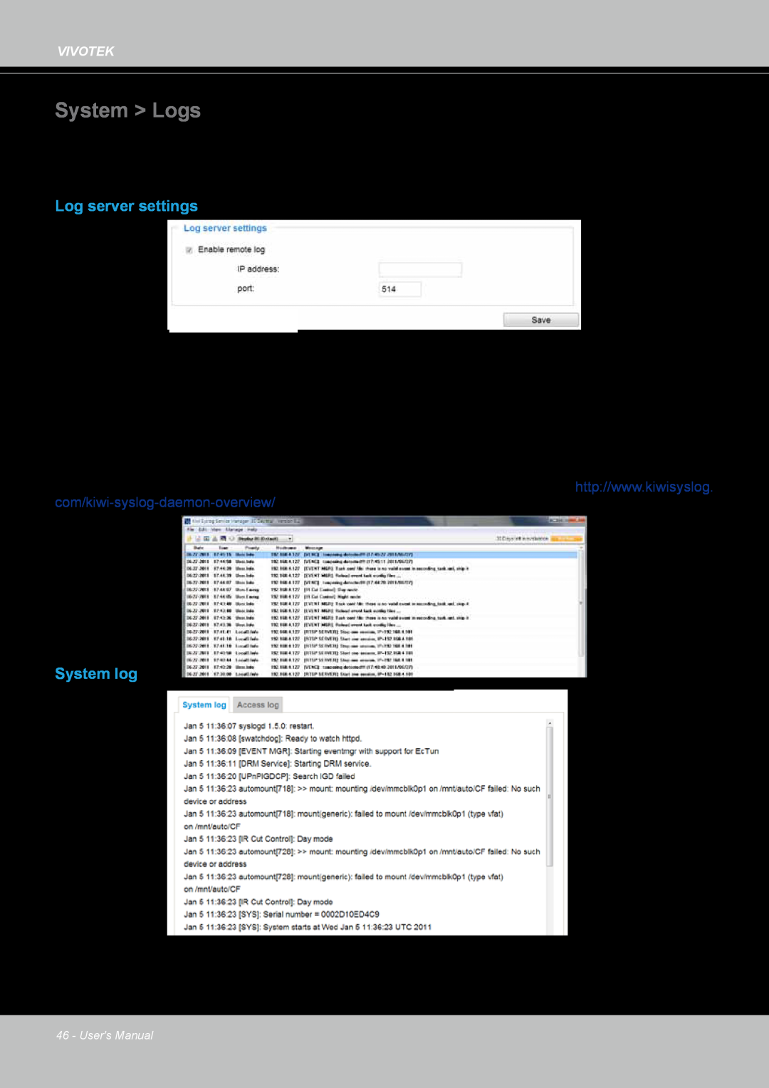 Vivotek FD8167-(T) user manual System > Logs, Log server settings, System log, Select Enable remote log 