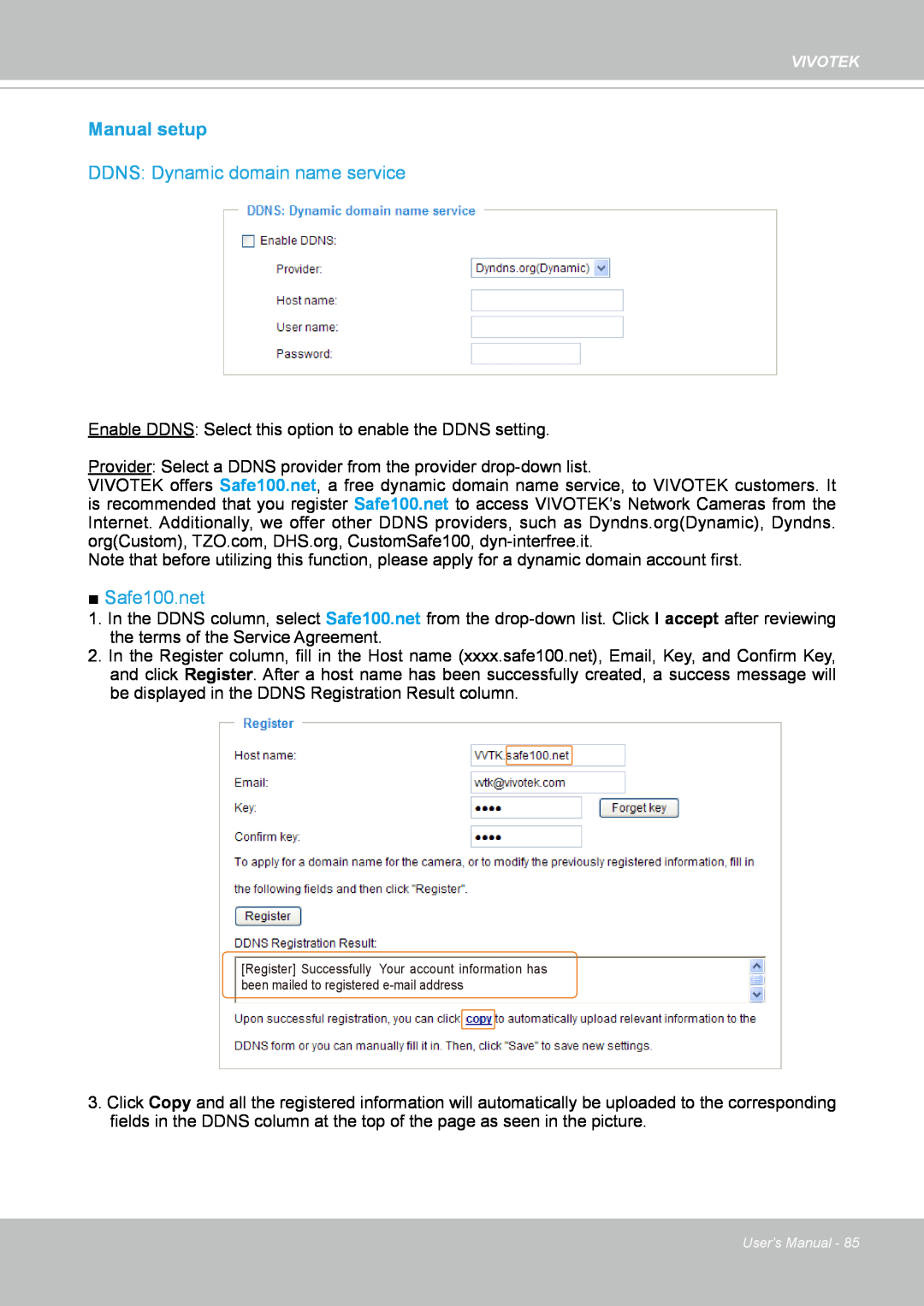 Vivotek FD8167-(T) user manual Manual setup, DDNS: Dynamic domain name service, Safe100.net 