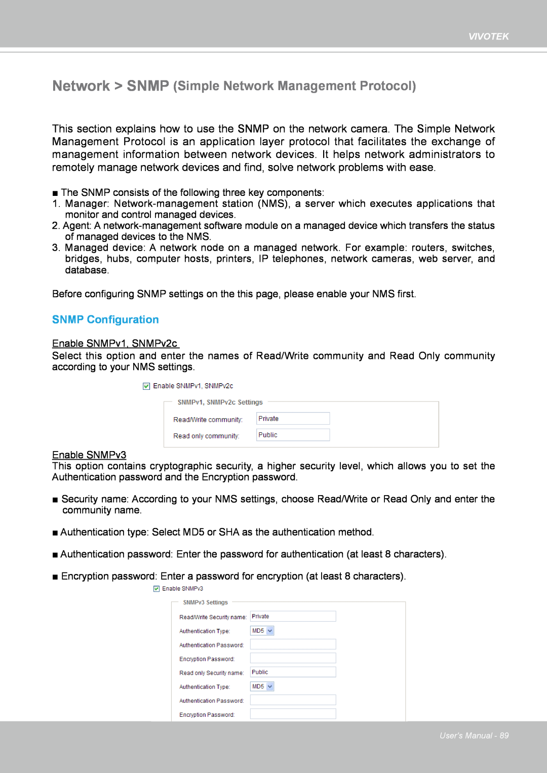 Vivotek FD8167-(T) user manual SNMP Configuration, Network SNMP Simple Network Management Protocol 