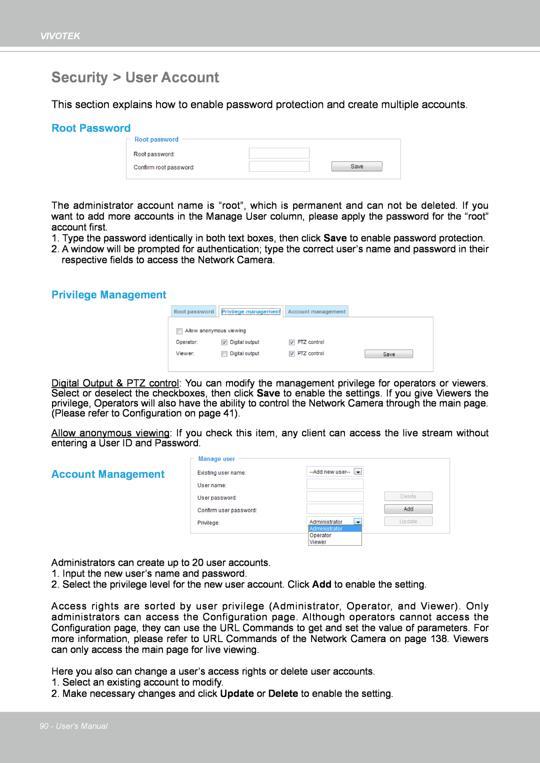 Vivotek FD8167-(T) user manual Security User Account, Root Password, Privilege Management, Account Management 