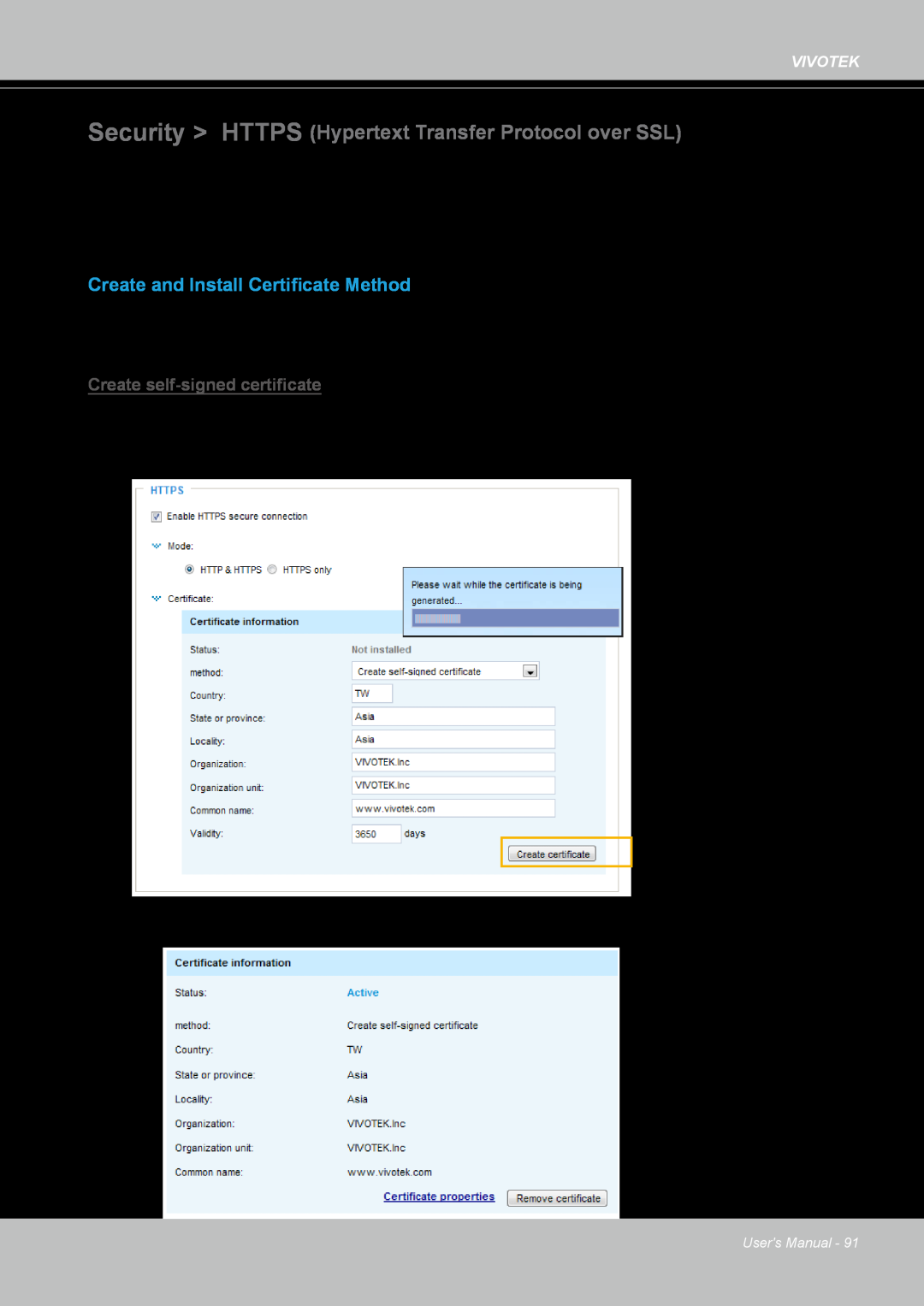 Vivotek FD8167-(T) user manual Create and Install Certificate Method, Create self-signedcertificate 
