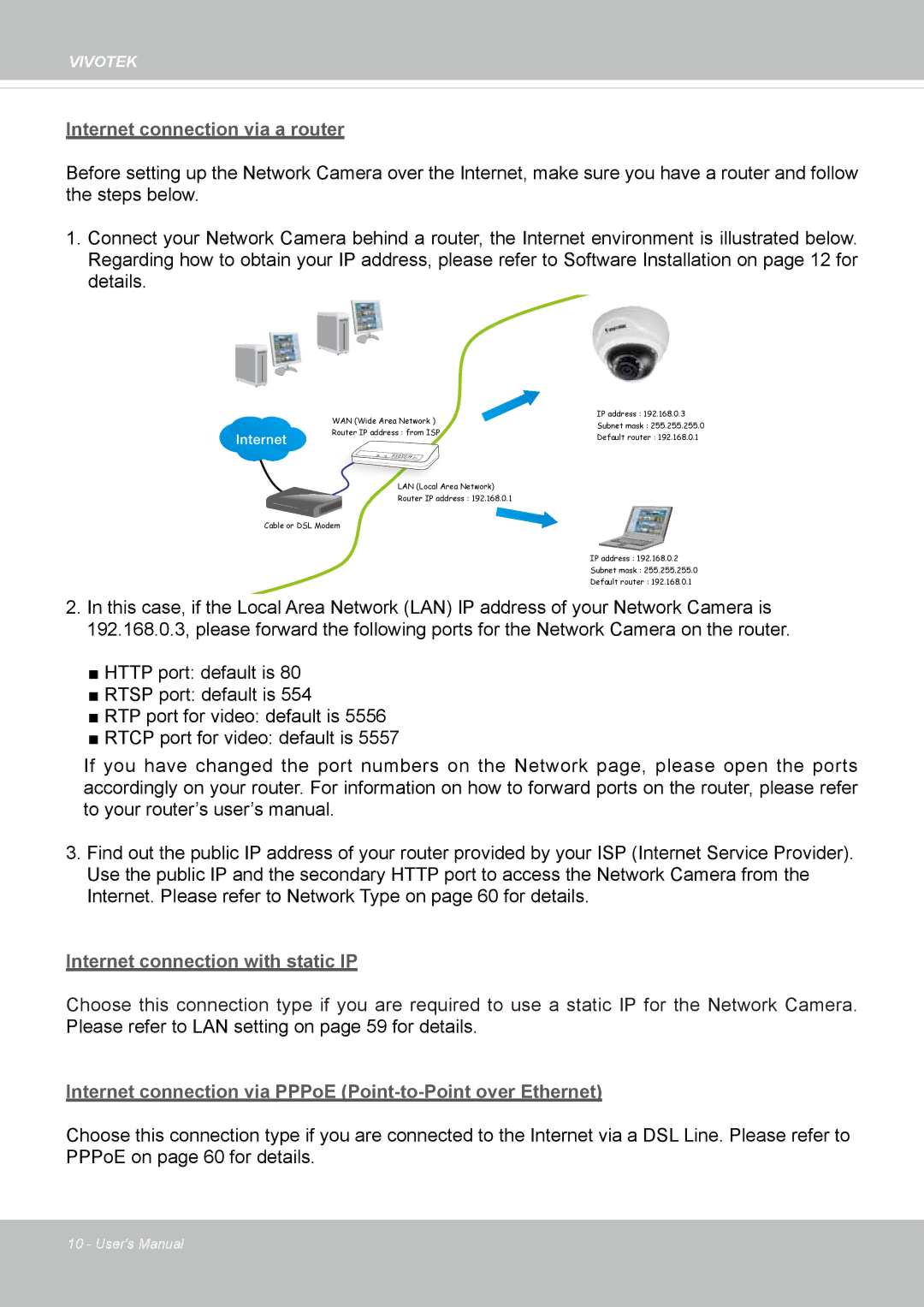 Vivotek FD8169 user manual Internet connection via a router 