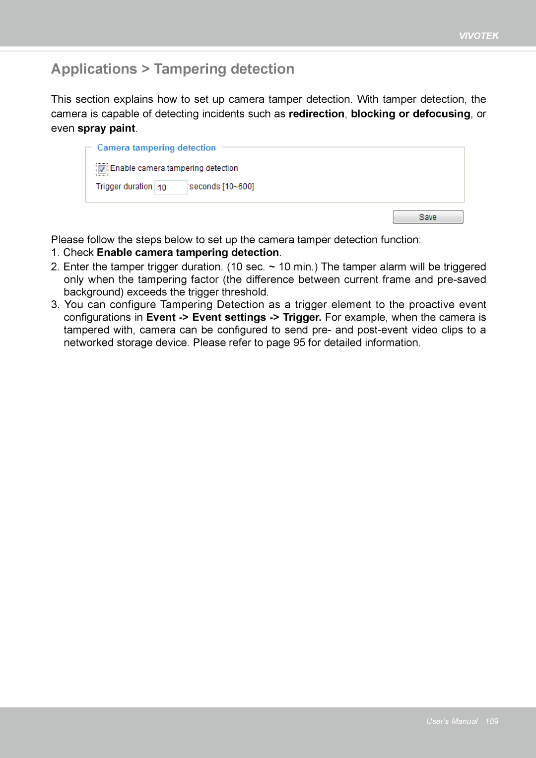 Vivotek FD8169 user manual Applications Tampering detection, Check Enable camera tampering detection 