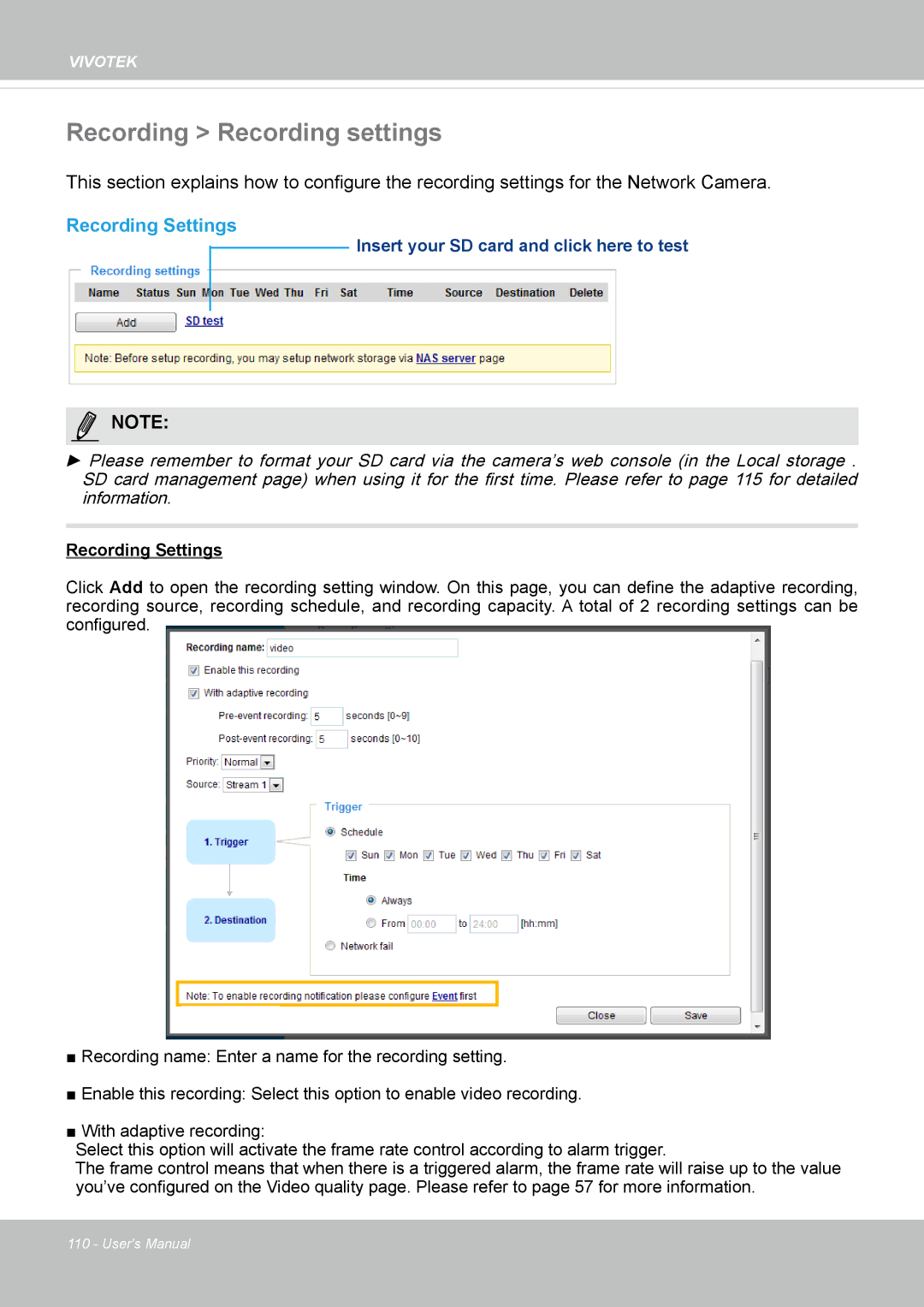 Vivotek FD8169 user manual Recording Recording settings, Recording Settings 