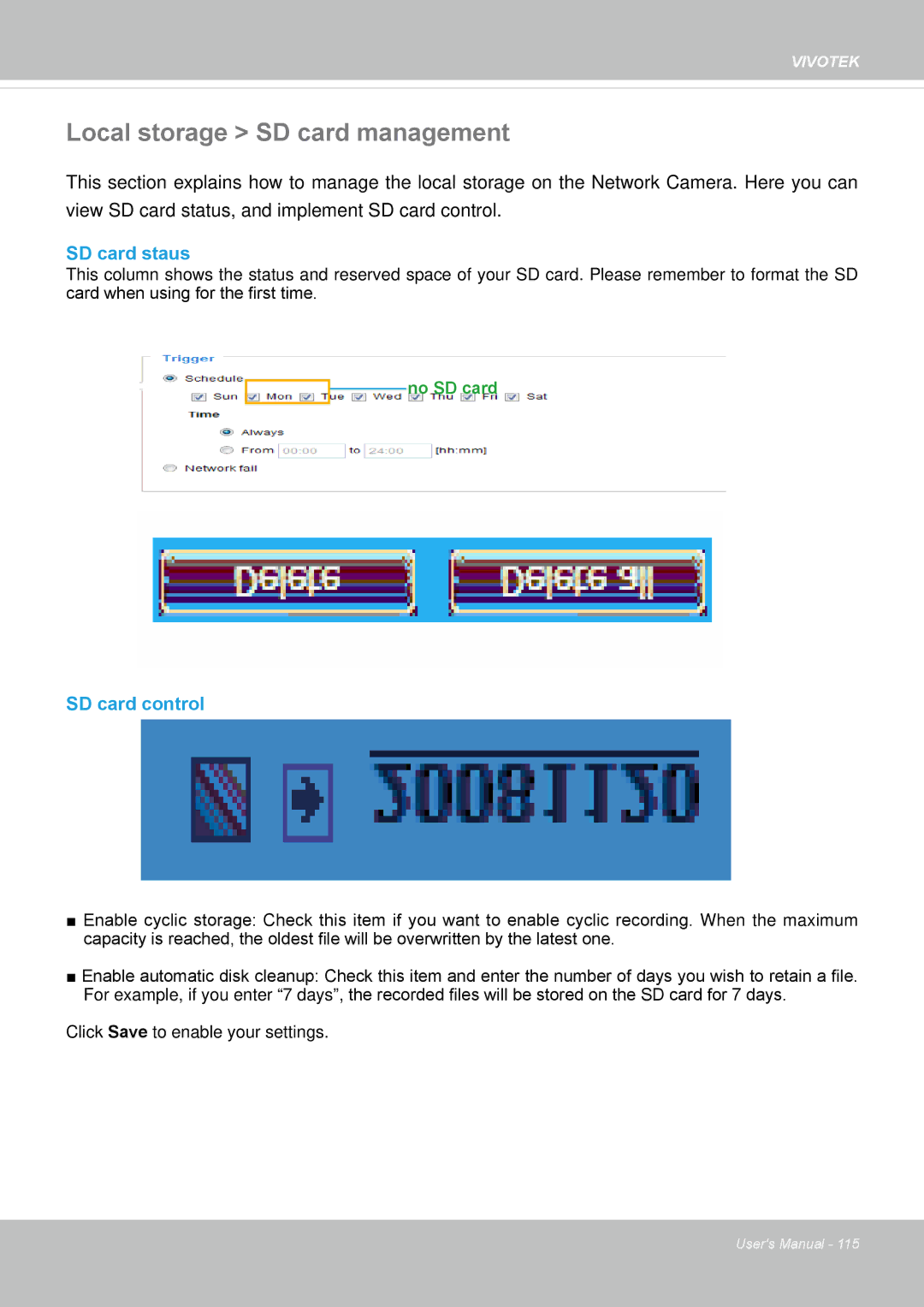 Vivotek FD8169 user manual Local storage SD card management, SD card staus, SD card control 