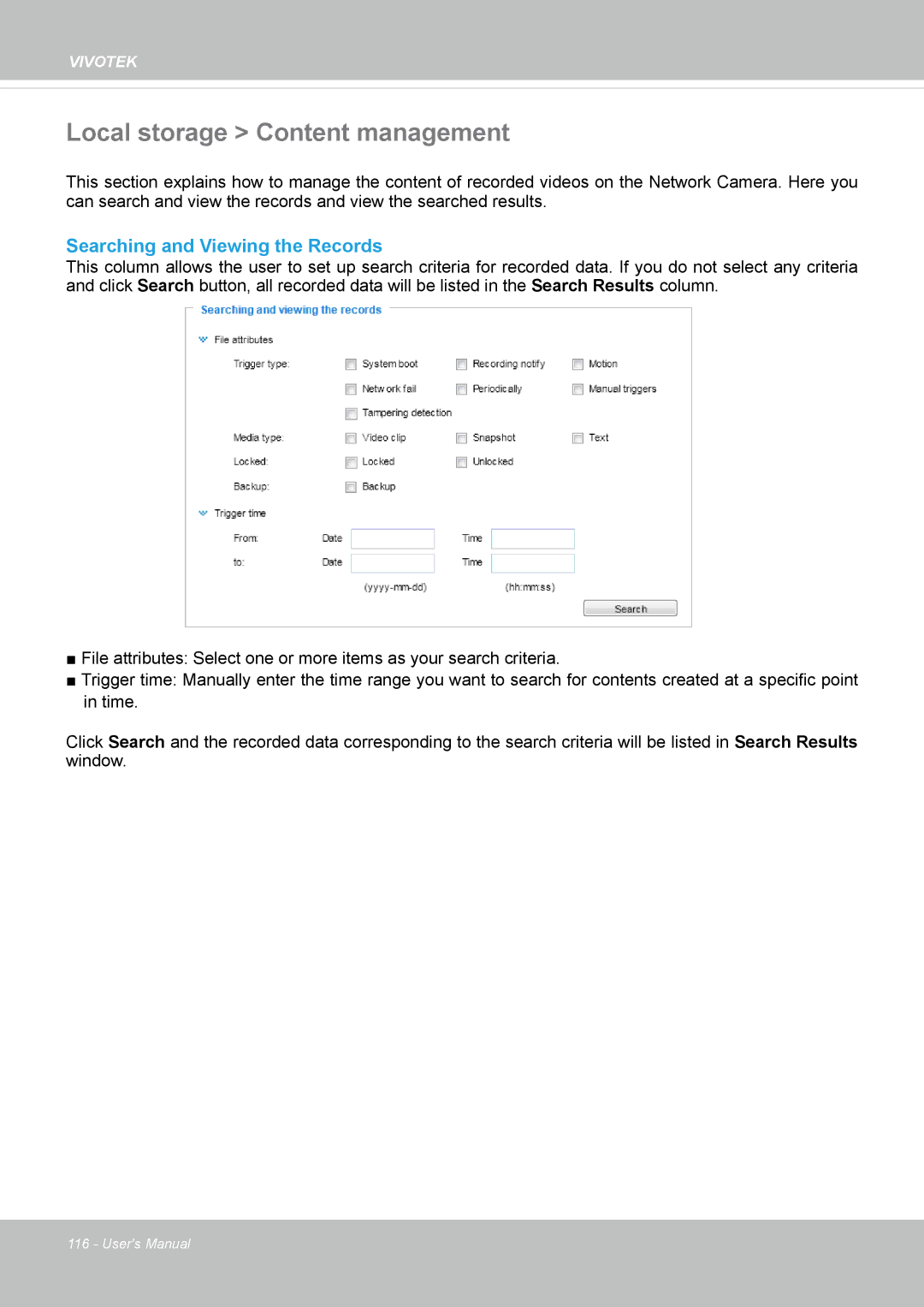 Vivotek FD8169 user manual Local storage Content management, Searching and Viewing the Records 