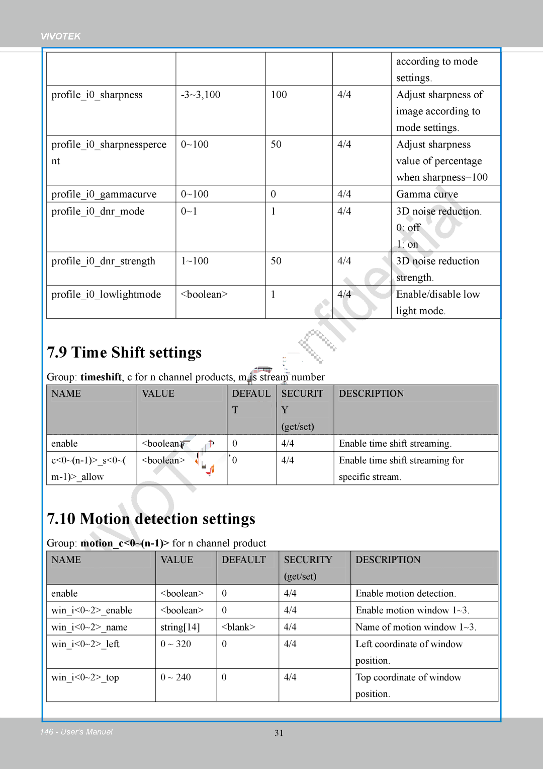 Vivotek FD8169 user manual Time Shift settings, Motion detection settings, According to mode, Settings 