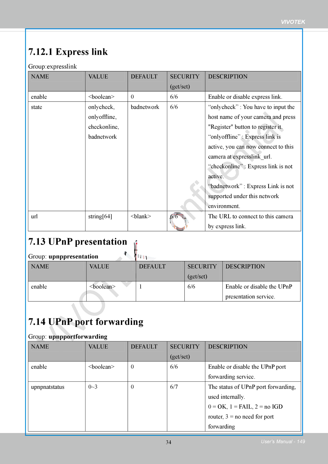 Vivotek FD8169 Express link, UPnP port forwarding, Groupexpresslink, Group upnppresentation, Group upnpportforwarding 