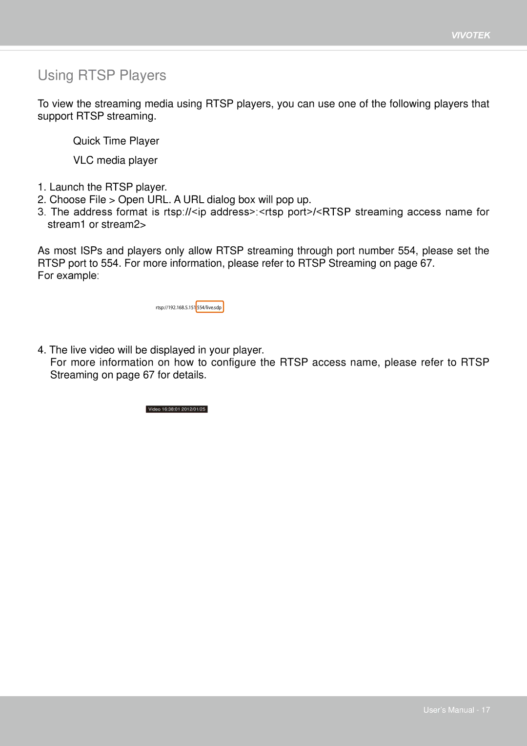 Vivotek FD8169 user manual Using Rtsp Players 