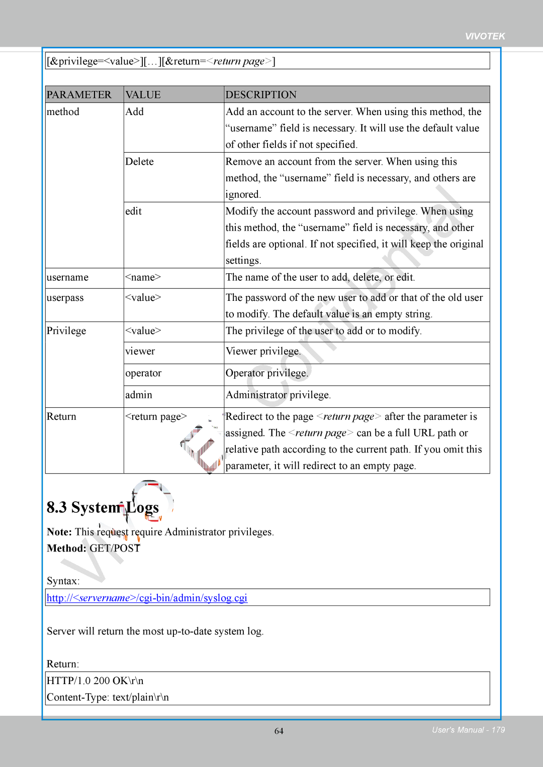 Vivotek FD8169 user manual System Logs, Privilege=value…&return=return 