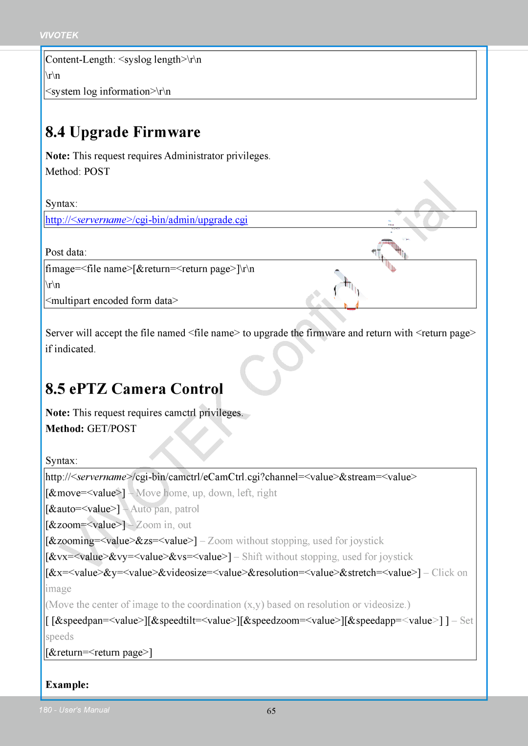 Vivotek FD8169 user manual Upgrade Firmware, EPTZ Camera Control, Method Post Syntax, Example 