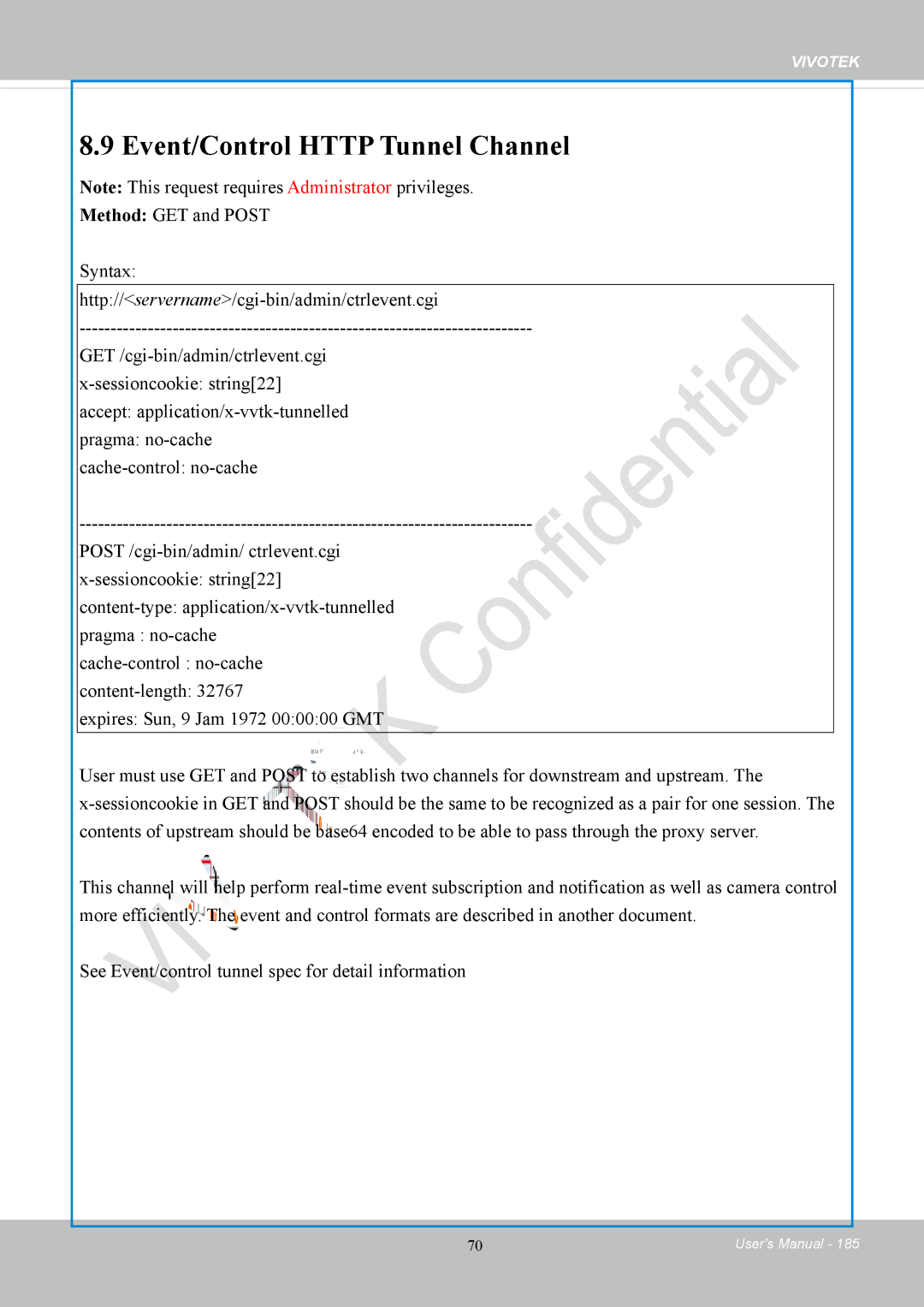 Vivotek FD8169 user manual Event/Control Http Tunnel Channel 