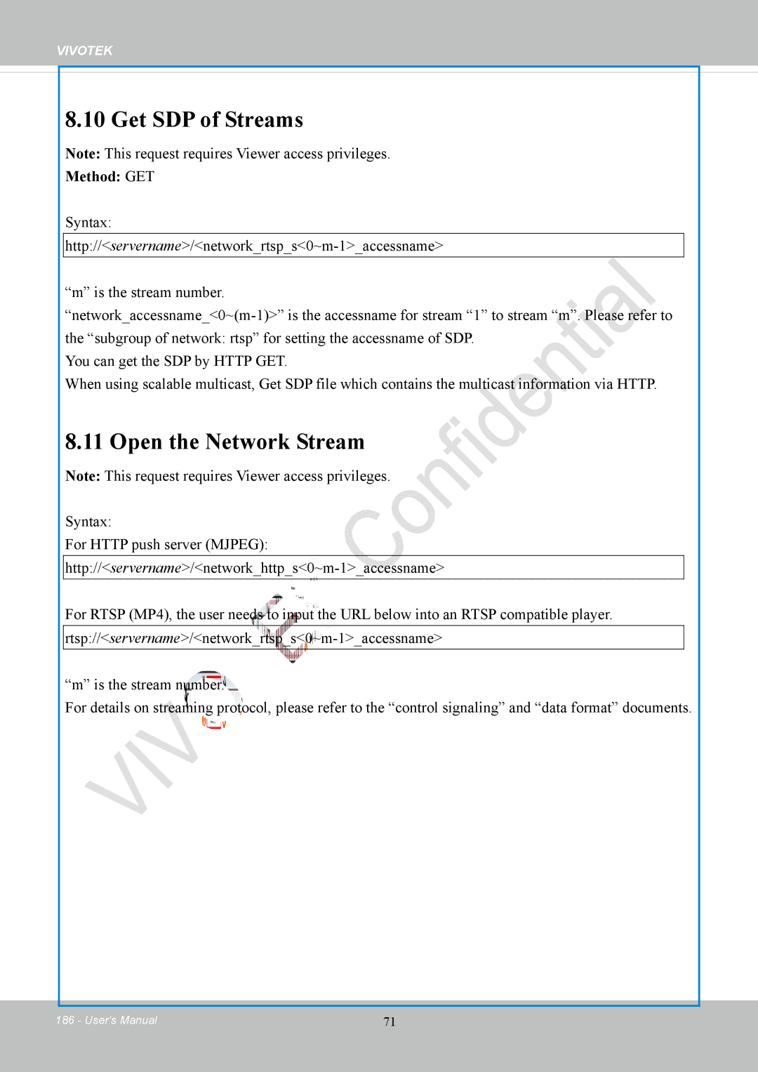 Vivotek FD8169 user manual Get SDP of Streams, Open the Network Stream, Method GET 