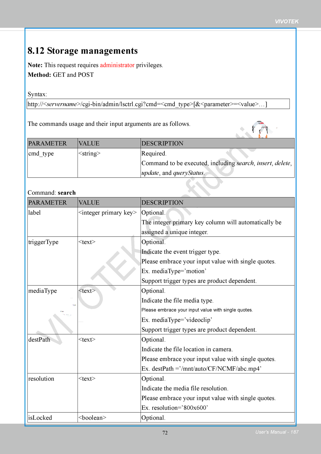 Vivotek FD8169 user manual Storage managements, Command search 