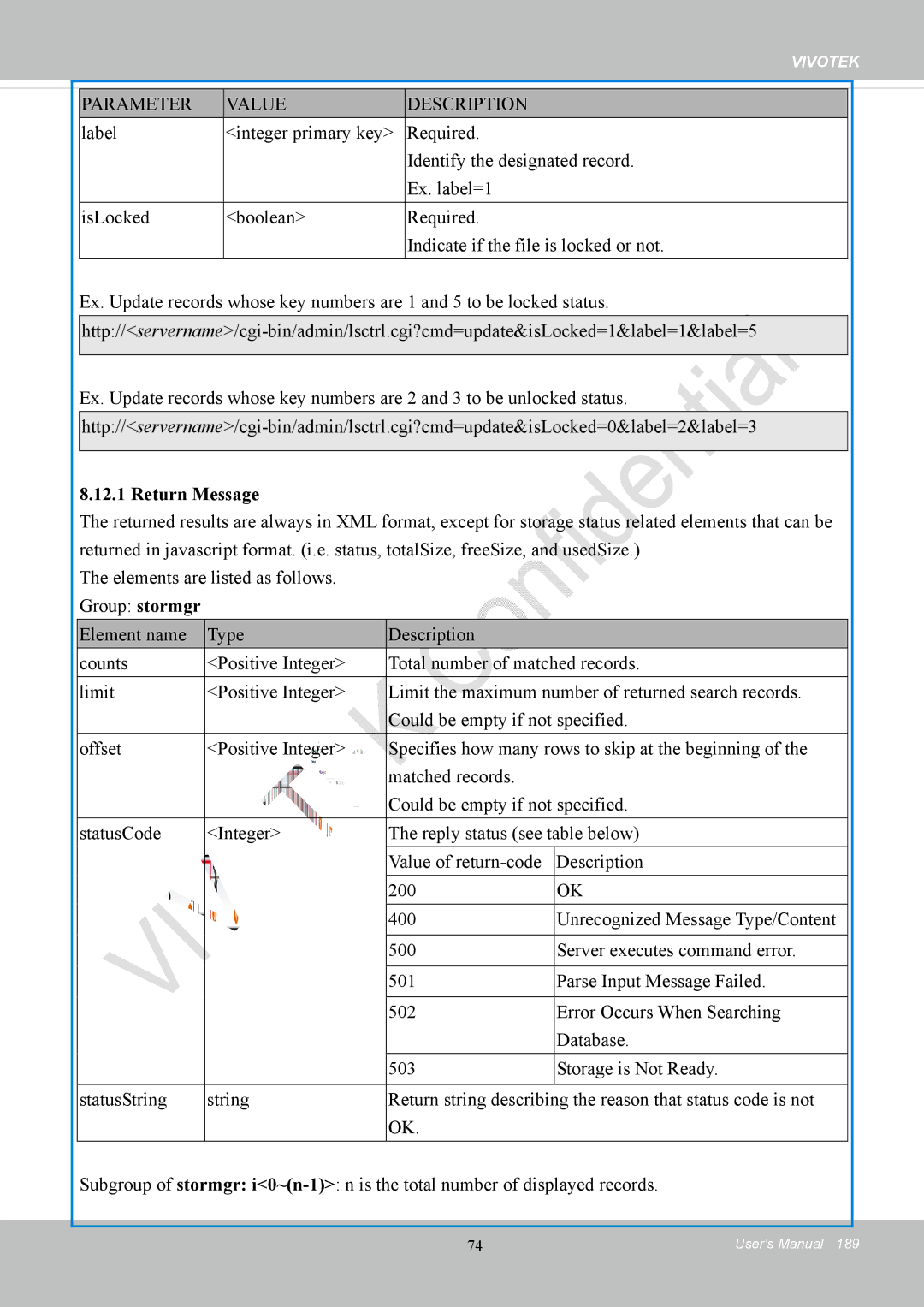 Vivotek FD8169 user manual Return Message 