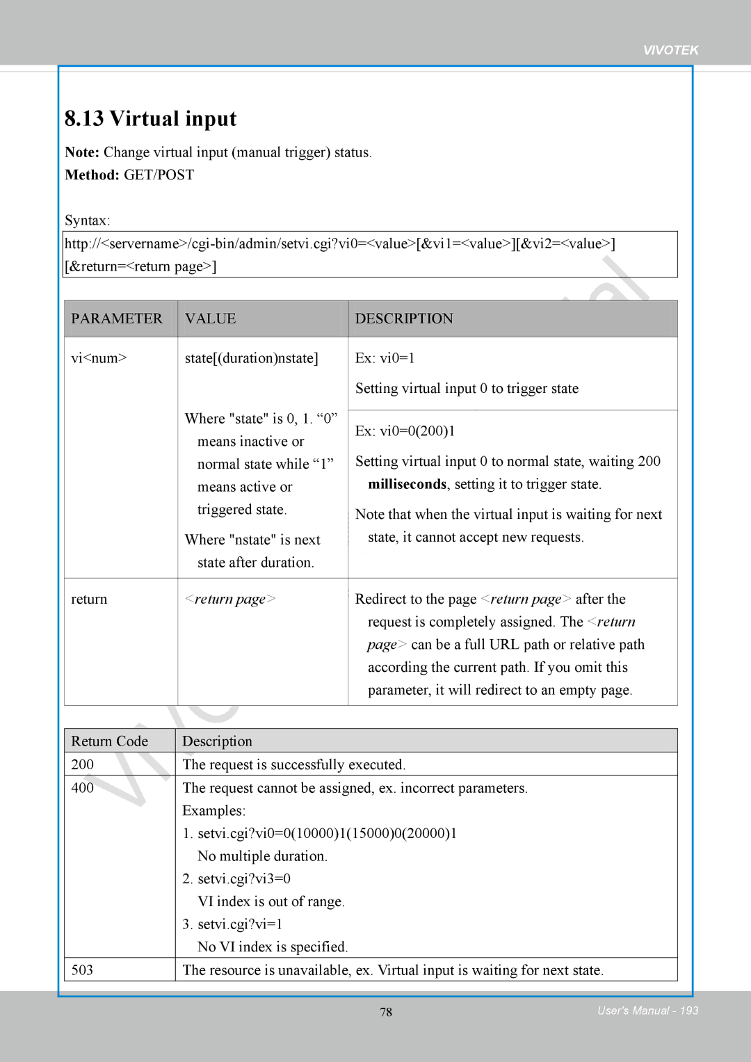 Vivotek FD8169 user manual Virtual input, Return 