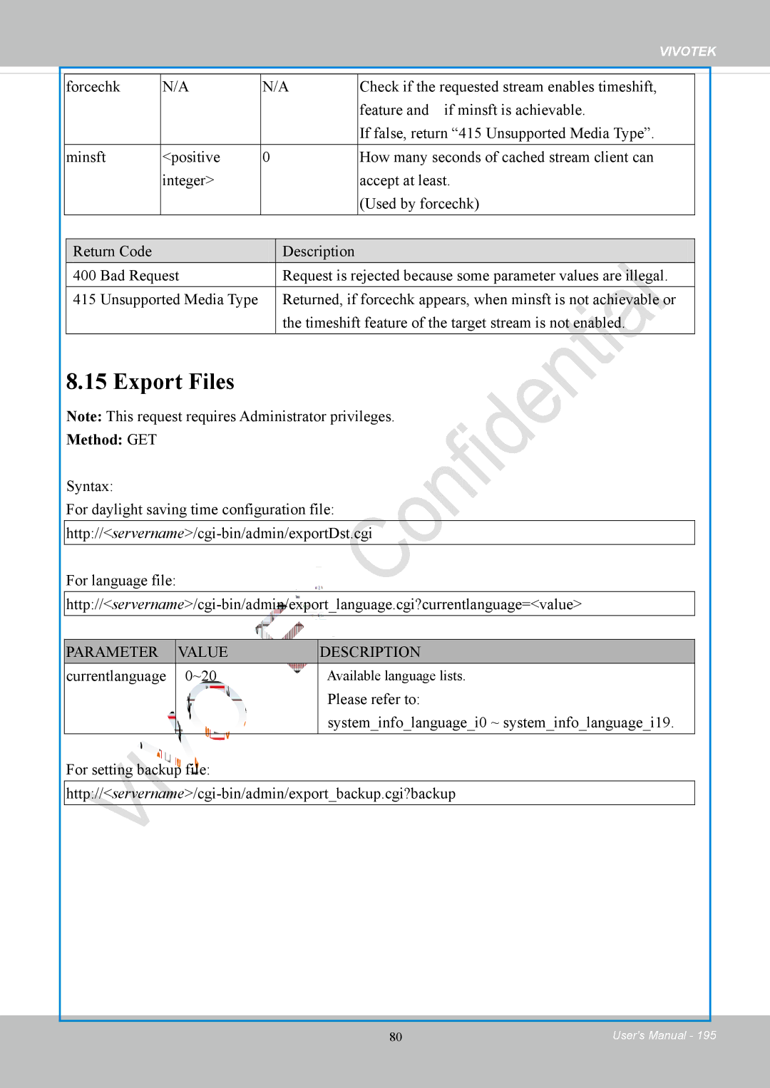 Vivotek FD8169 user manual Export Files, Currentlanguage ~20 