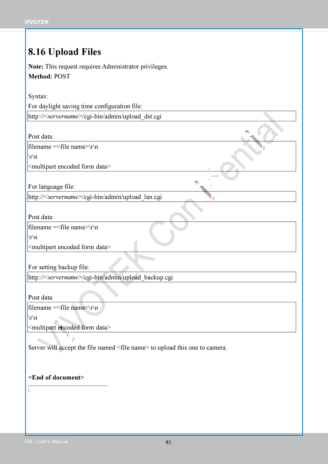 Vivotek FD8169 user manual Upload Files, Method Post, End of document 