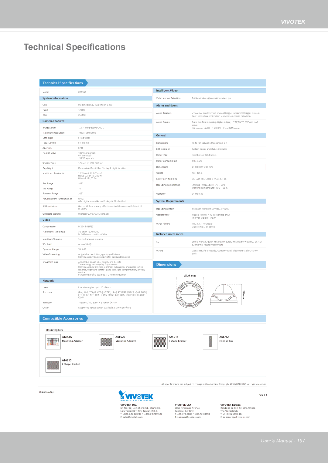 Vivotek FD8169 user manual Technical Specifications 