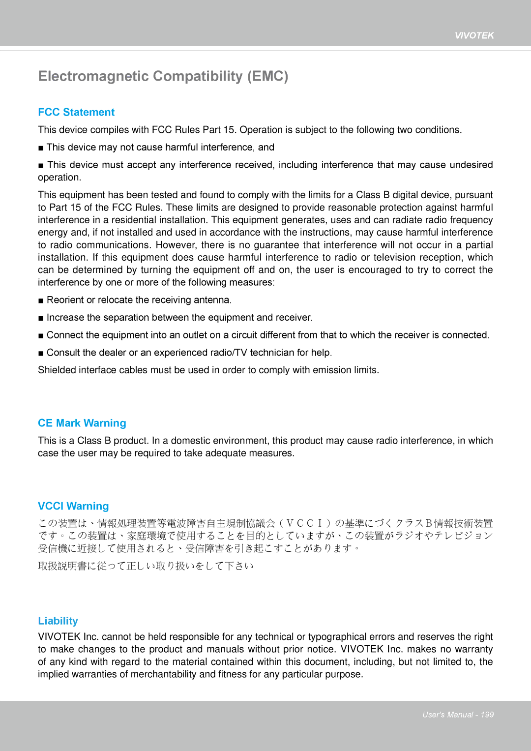 Vivotek FD8169 user manual Electromagnetic Compatibility EMC, Liability 