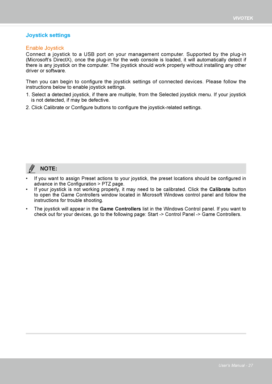 Vivotek FD8169 user manual Joystick settings 