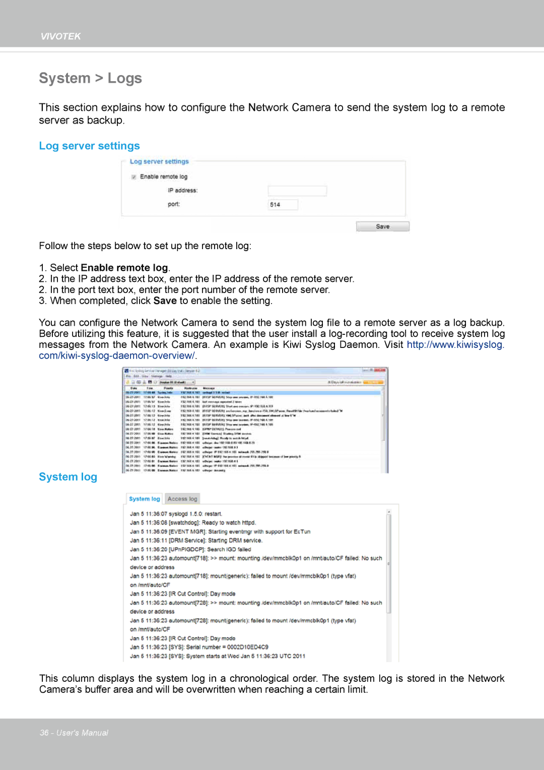 Vivotek FD8169 user manual System Logs, Log server settings, System log 