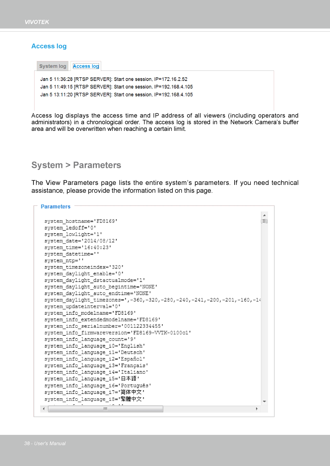 Vivotek FD8169 user manual System Parameters, Access log 