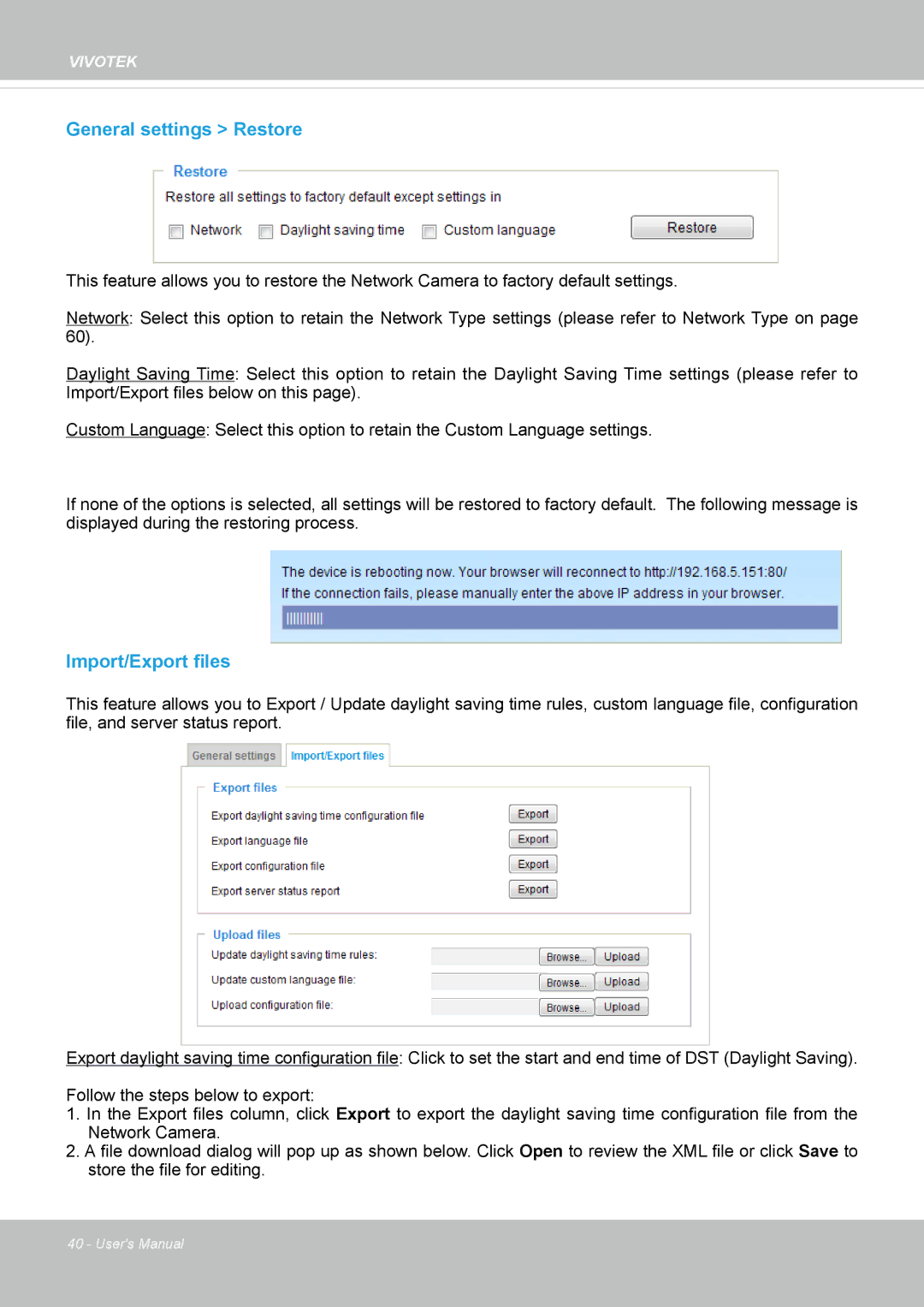 Vivotek FD8169 user manual General settings Restore, Import/Export files 