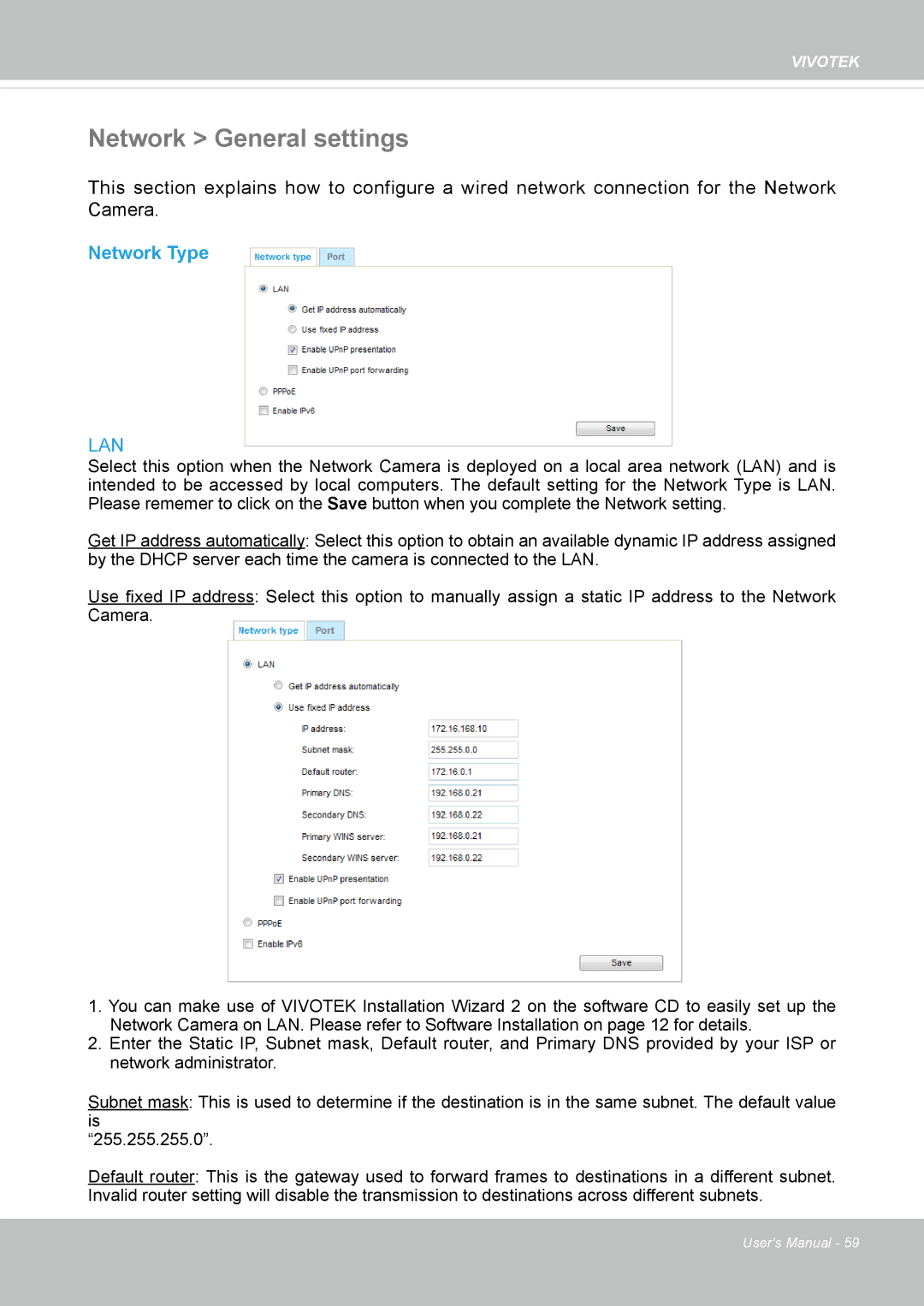 Vivotek FD8169 user manual Network General settings, Network Type 