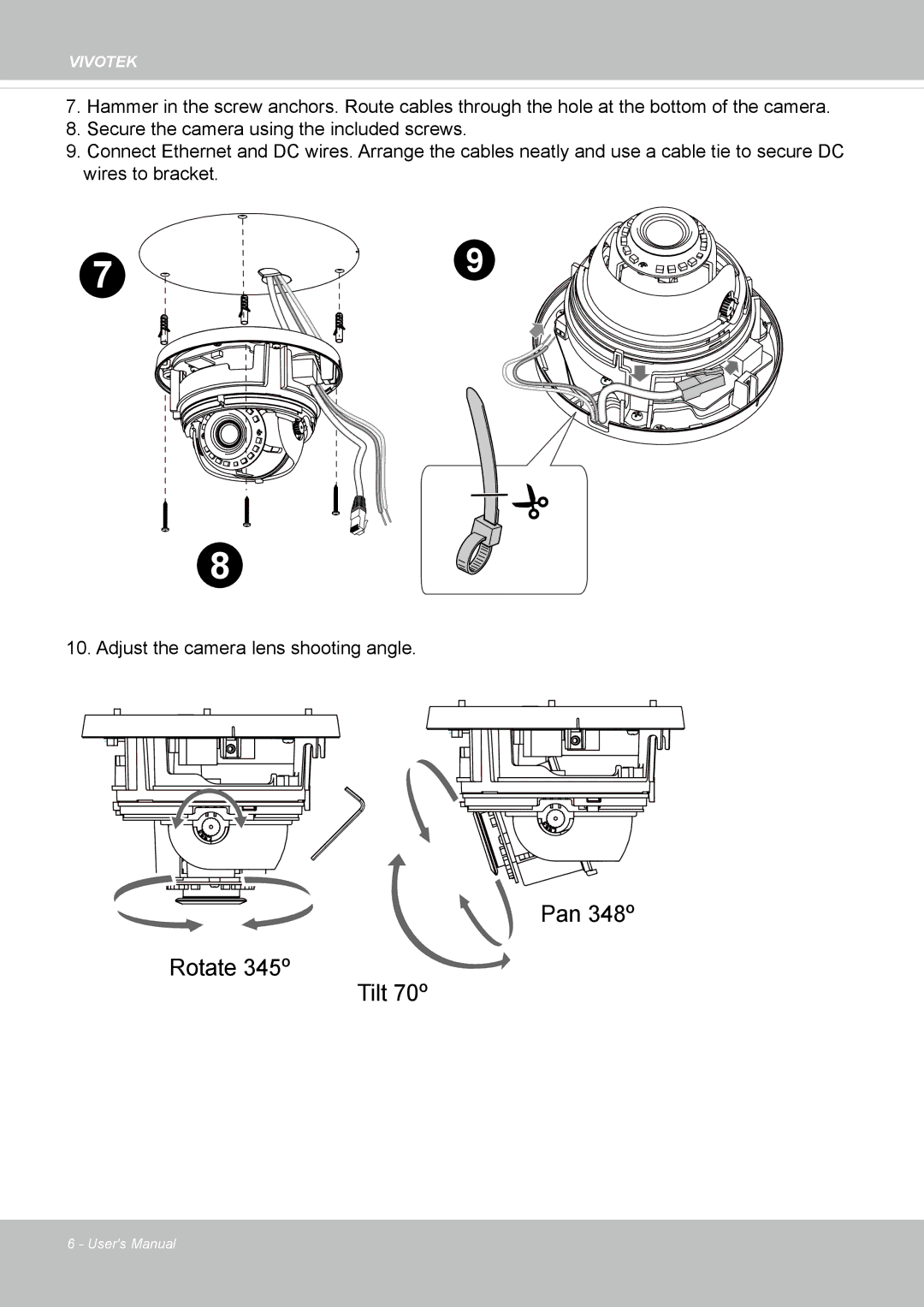 Vivotek FD8169 user manual Pan 348º Rotate 345º Tilt 70º 