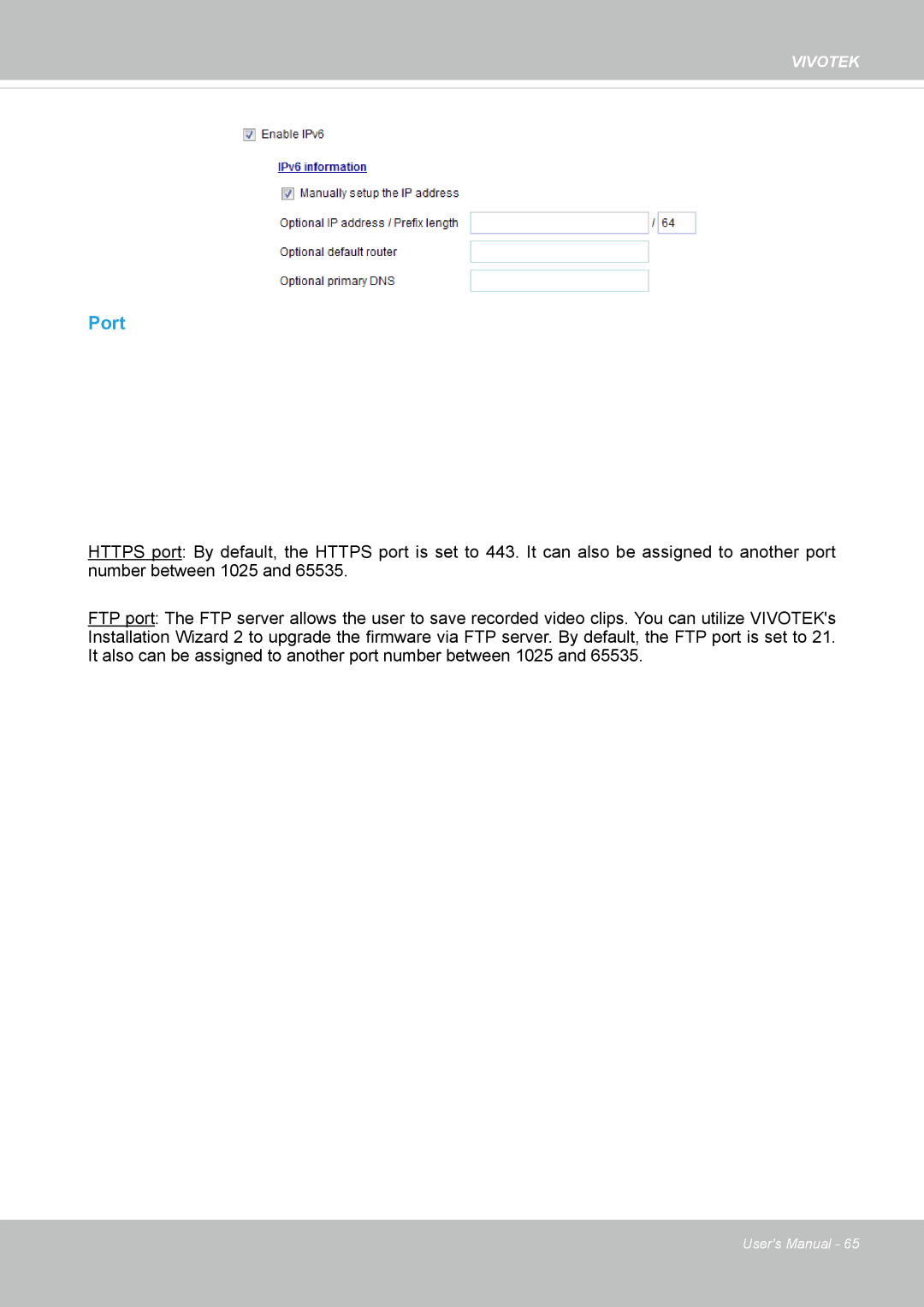 Vivotek FD8169 user manual Port 