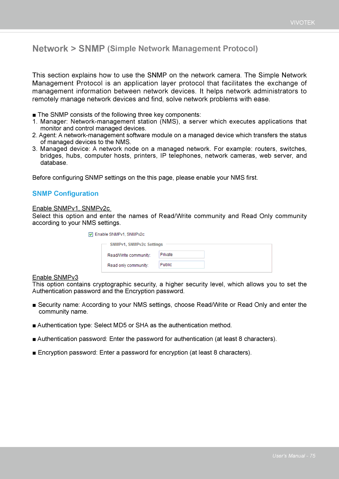 Vivotek FD8169 user manual Network Snmp Simple Network Management Protocol, Snmp Configuration 