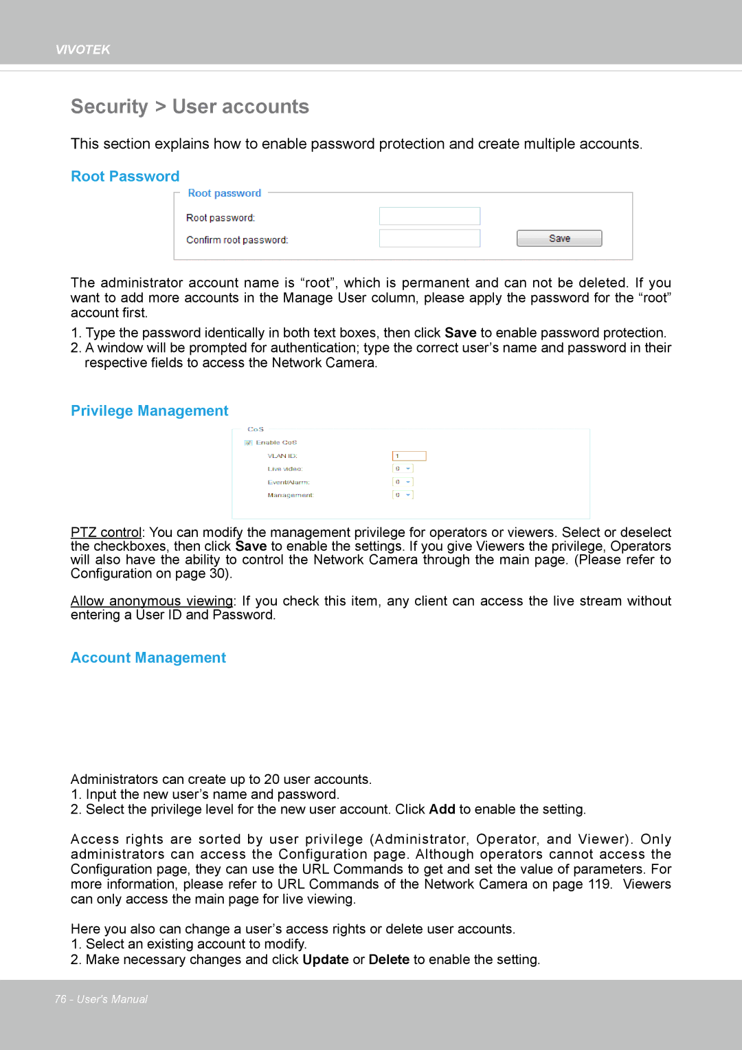 Vivotek FD8169 user manual Security User accounts, Root Password, Privilege Management, Account Management 