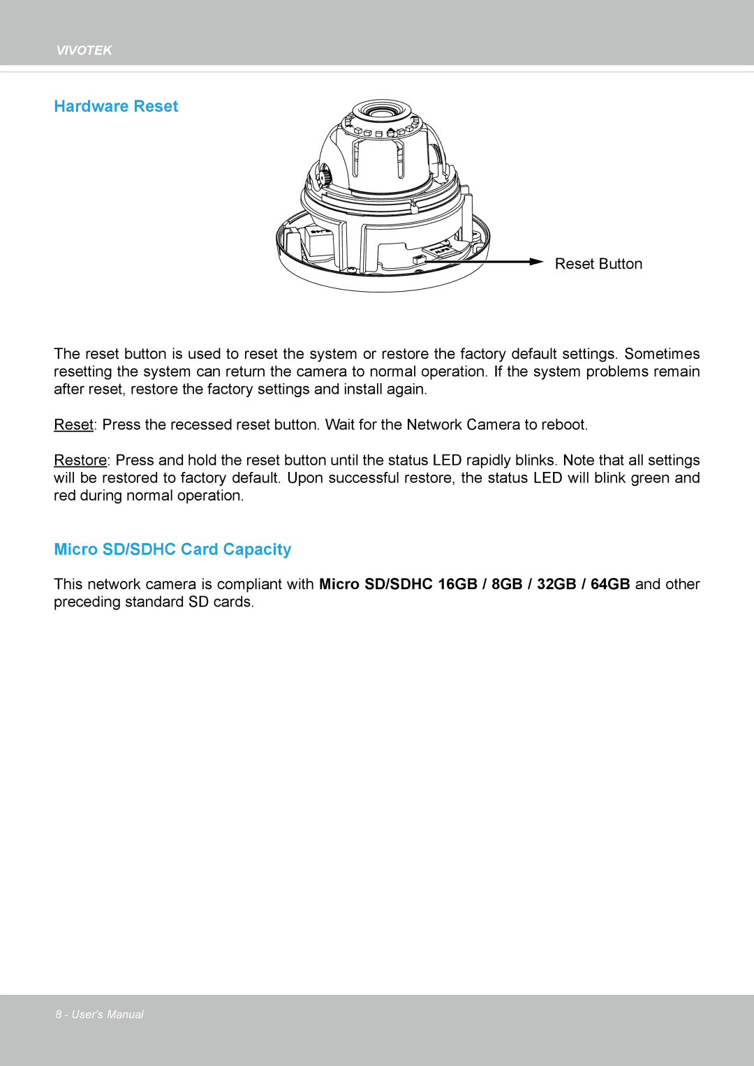 Vivotek FD8169 user manual Hardware Reset 