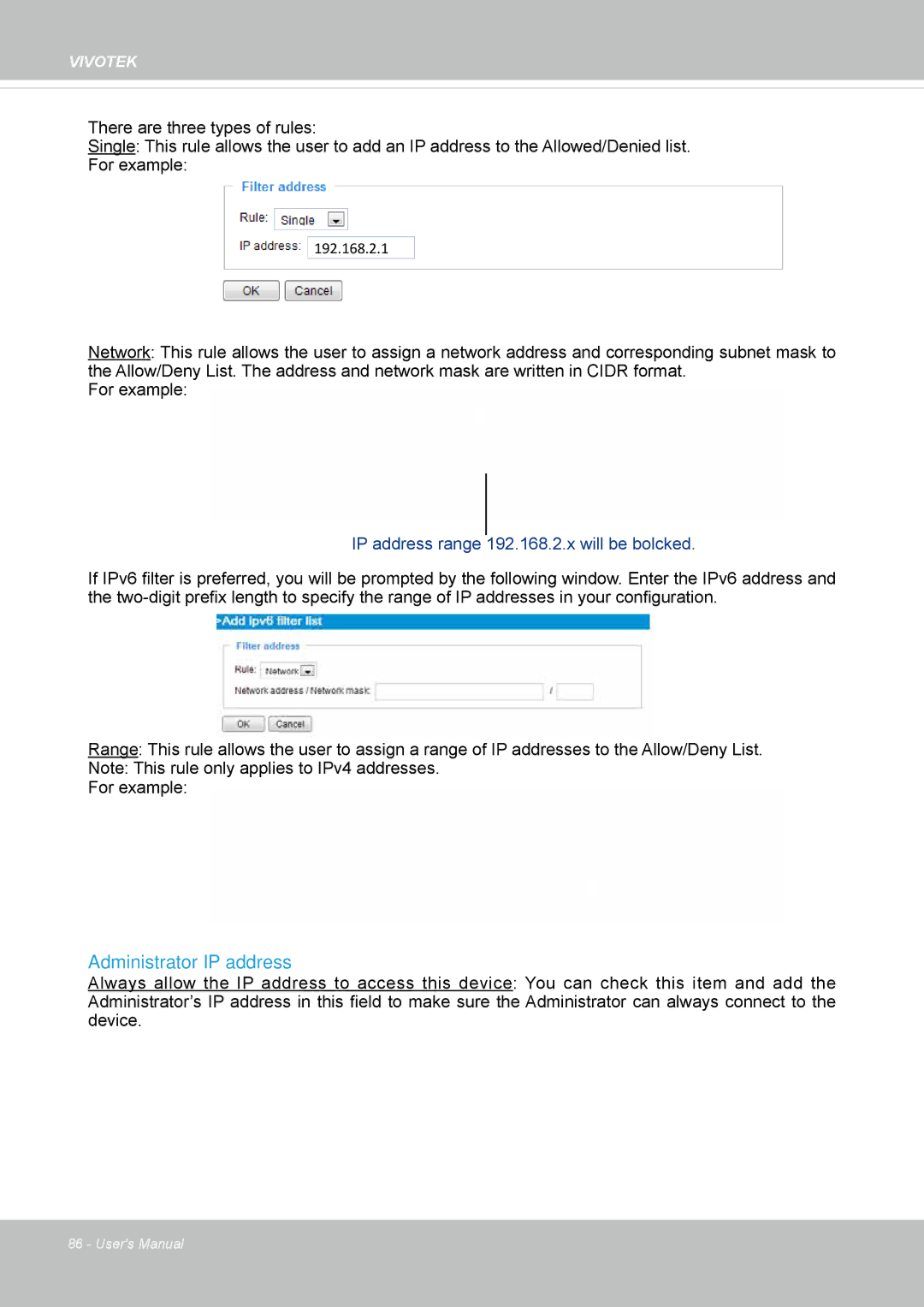 Vivotek FD8169 user manual Administrator IP address, IP address range 192.168.2.x will be bolcked 