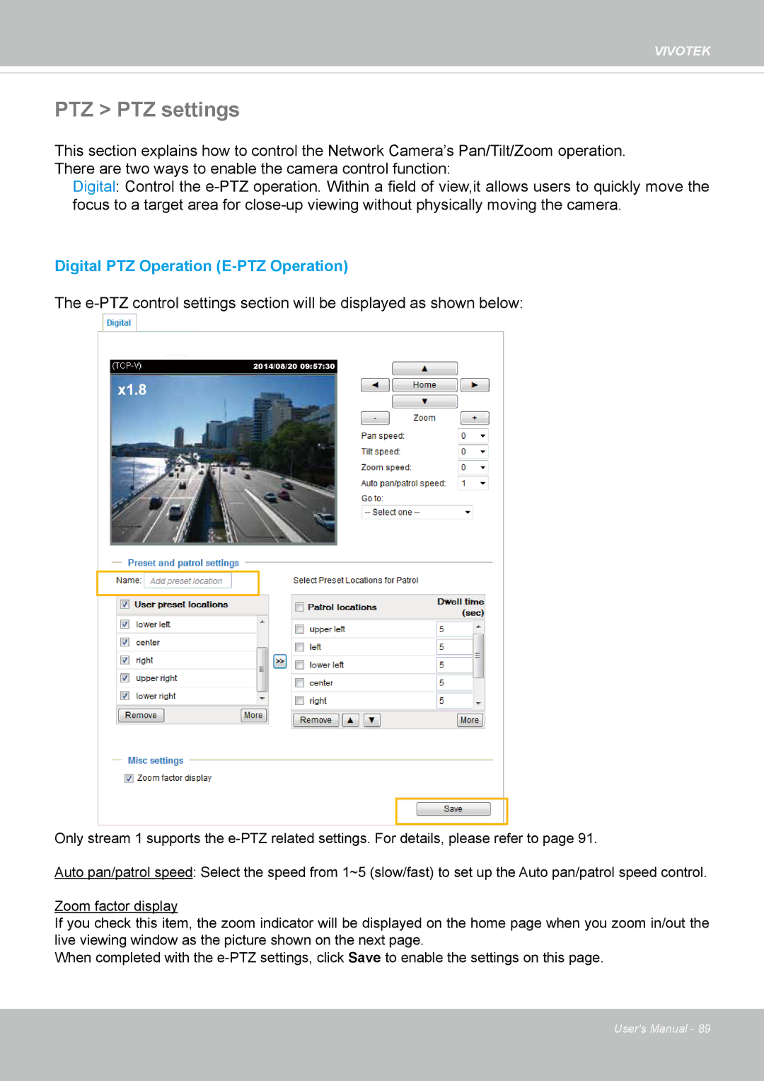 Vivotek FD8169 user manual PTZ PTZ settings, X1.8 