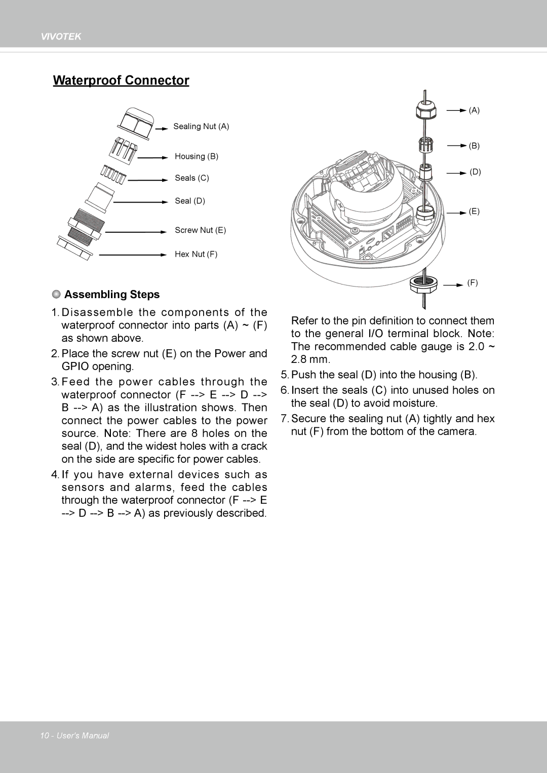 Vivotek FD8335H user manual Waterproof Connector 