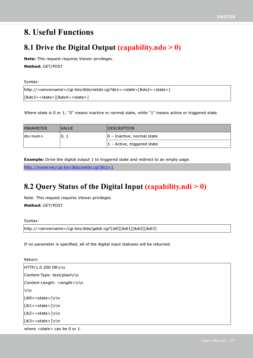 Vivotek FD8335H user manual Drive the Digital Output capability.ndo, Query Status of the Digital Input capability.ndi 