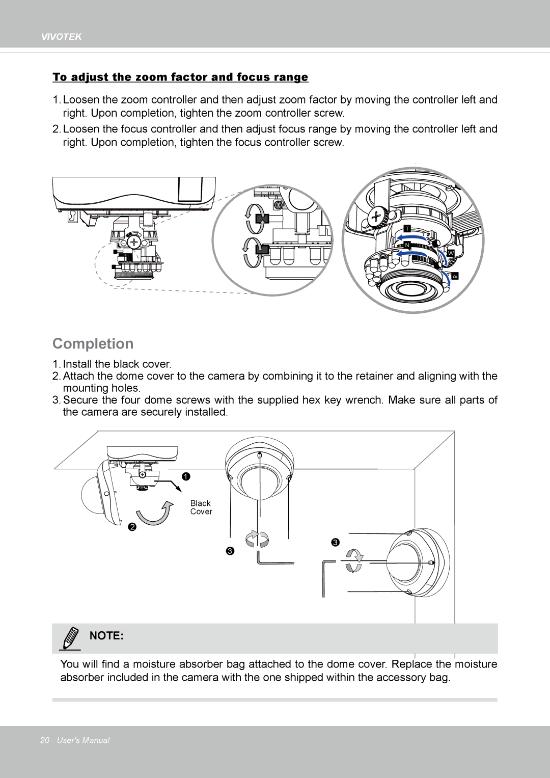 Vivotek FD8335H user manual Completion, To adjust the zoom factor and focus range 