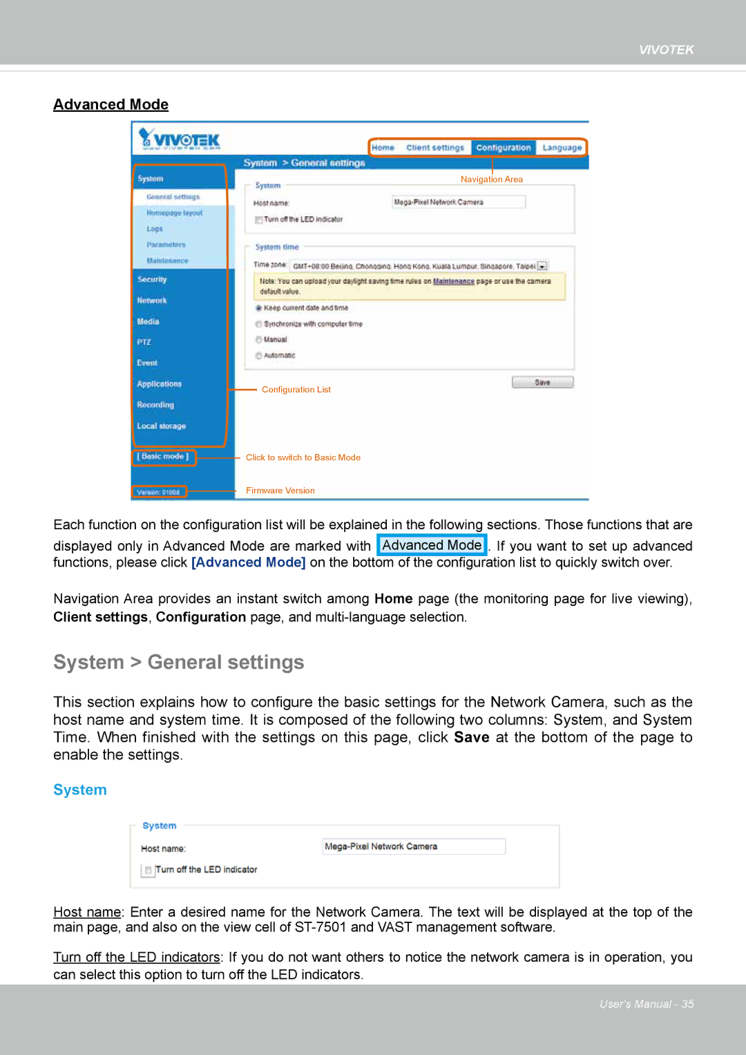 Vivotek FD8335H user manual System General settings 