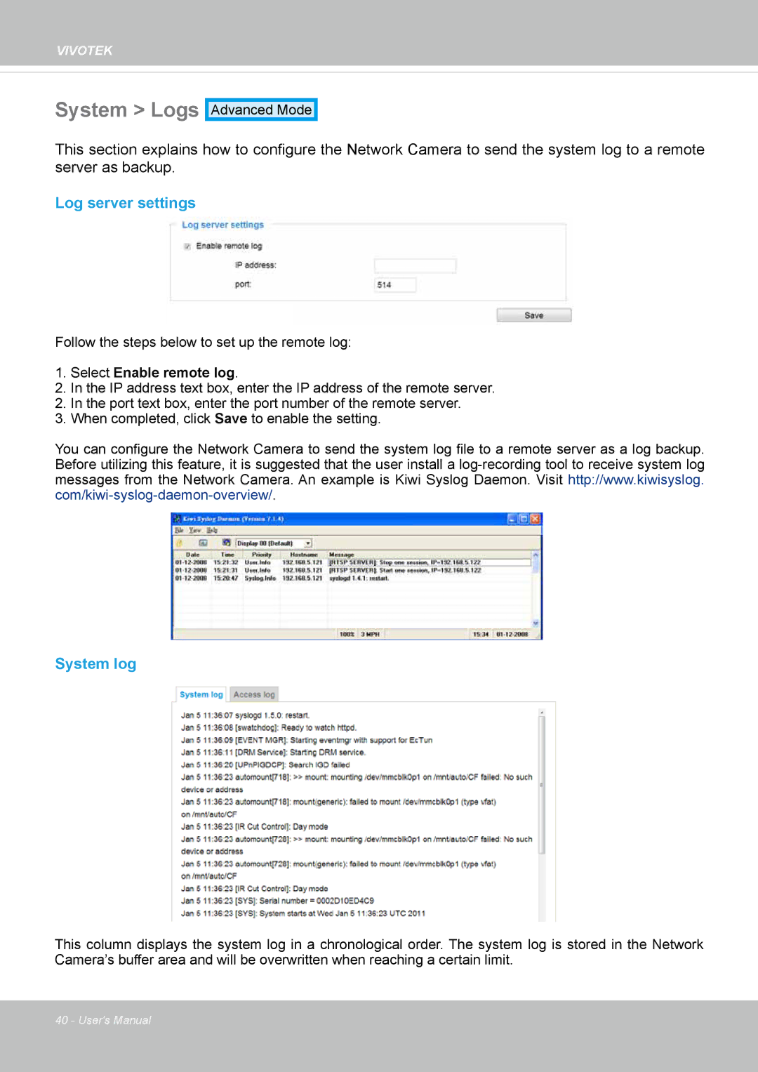 Vivotek FD8335H user manual System Logs, Log server settings, System log 