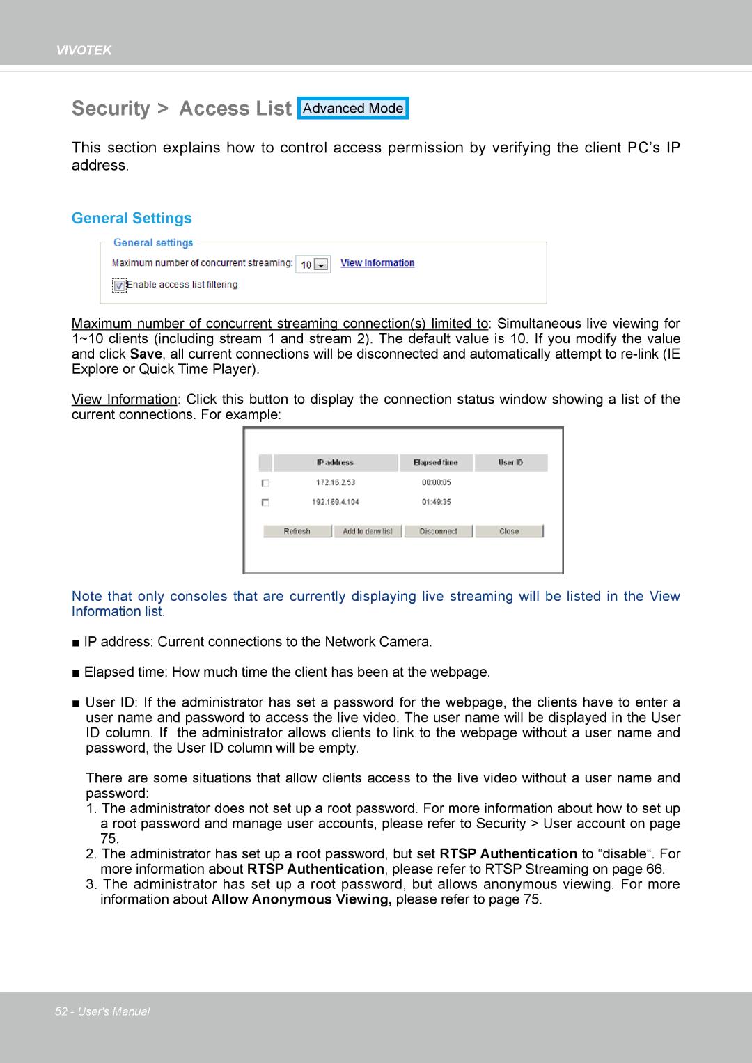 Vivotek FD8335H user manual Security Access List, General Settings 